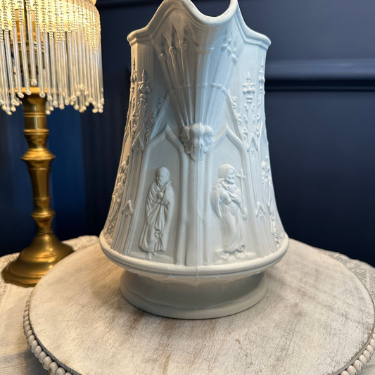 Vintage Portmeirion “Totem” Gothic Relief Jug – Large White Stoneware Pitcher, Made in England