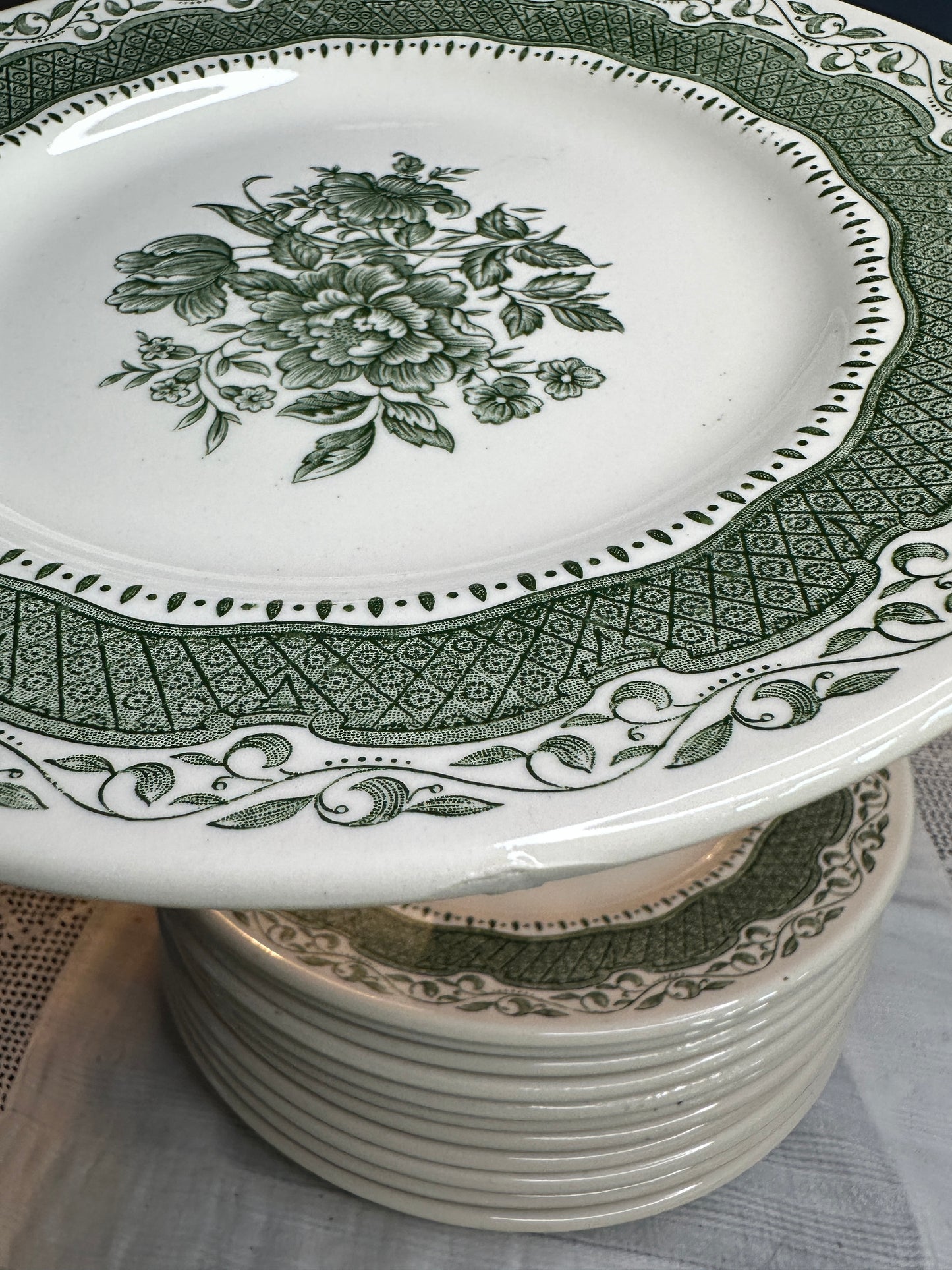 Vintage Staffordshire Ironstone Green Floral Dinner Plates – English Transferware, Set or Individual, Classic Cottage Tableware