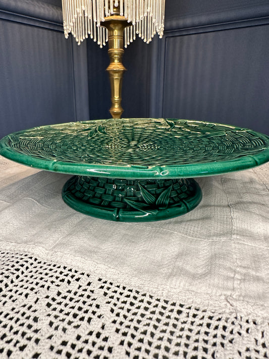 Vintage Emerald Green Majolica Basket Weave Plate & Pedestal Footed Plate – Botanical Leaf Relief Ceramic Serveware