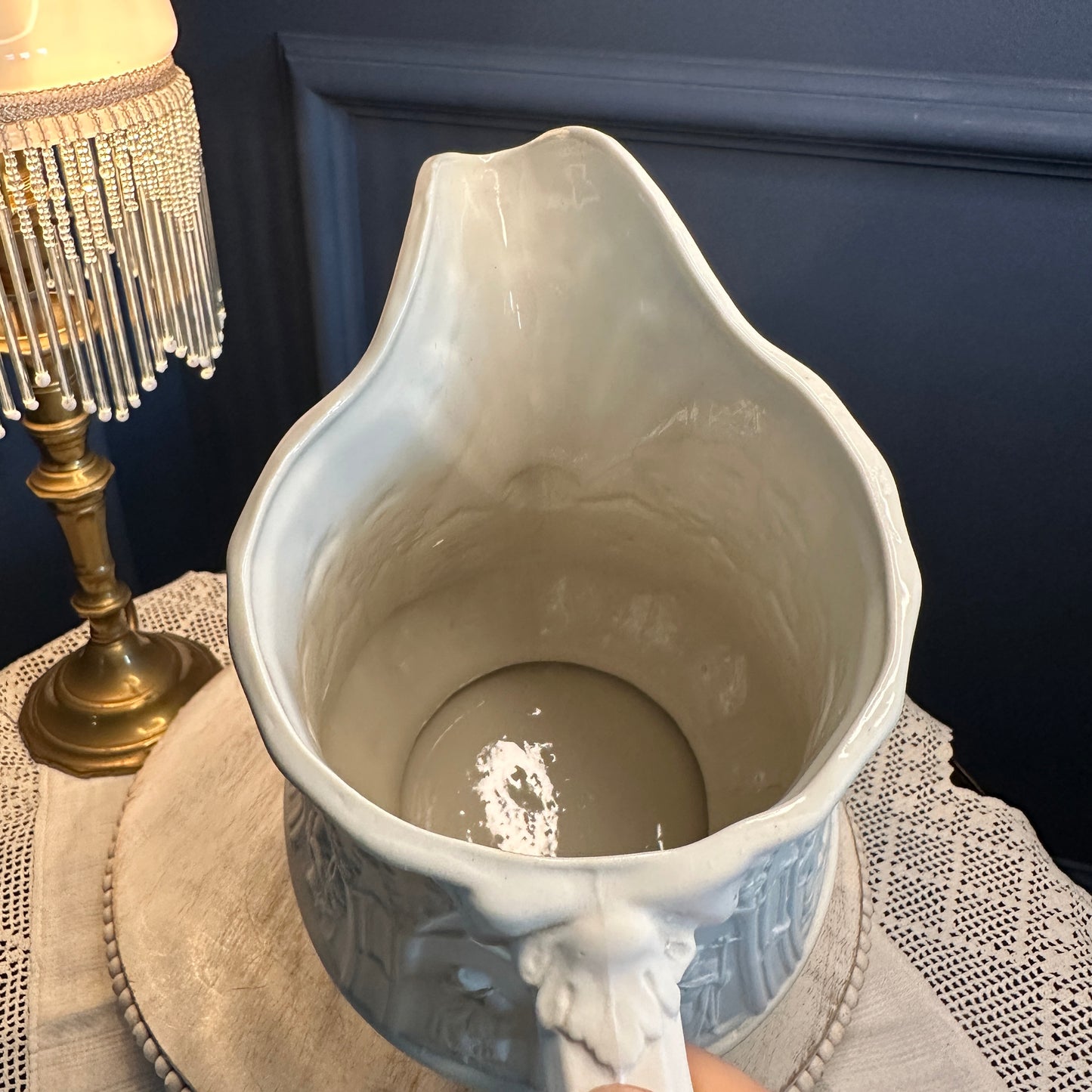 Vintage Portmeirion “Totem” Gothic Relief Jug – Large White Stoneware Pitcher, Made in England