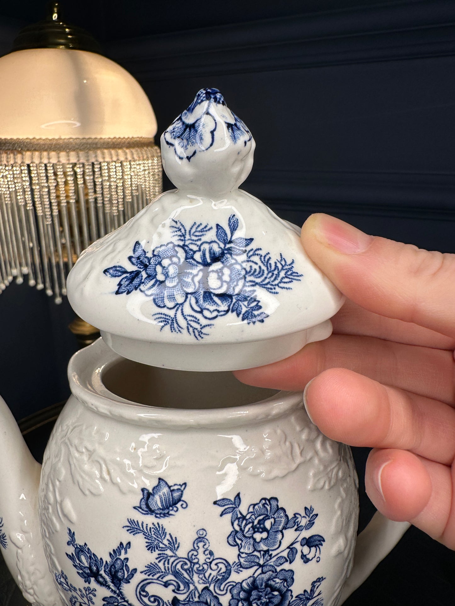 Antique Mason’s Ironstone “Ascot on Oak” Teapot – Blue & White English Transferware – Made in England