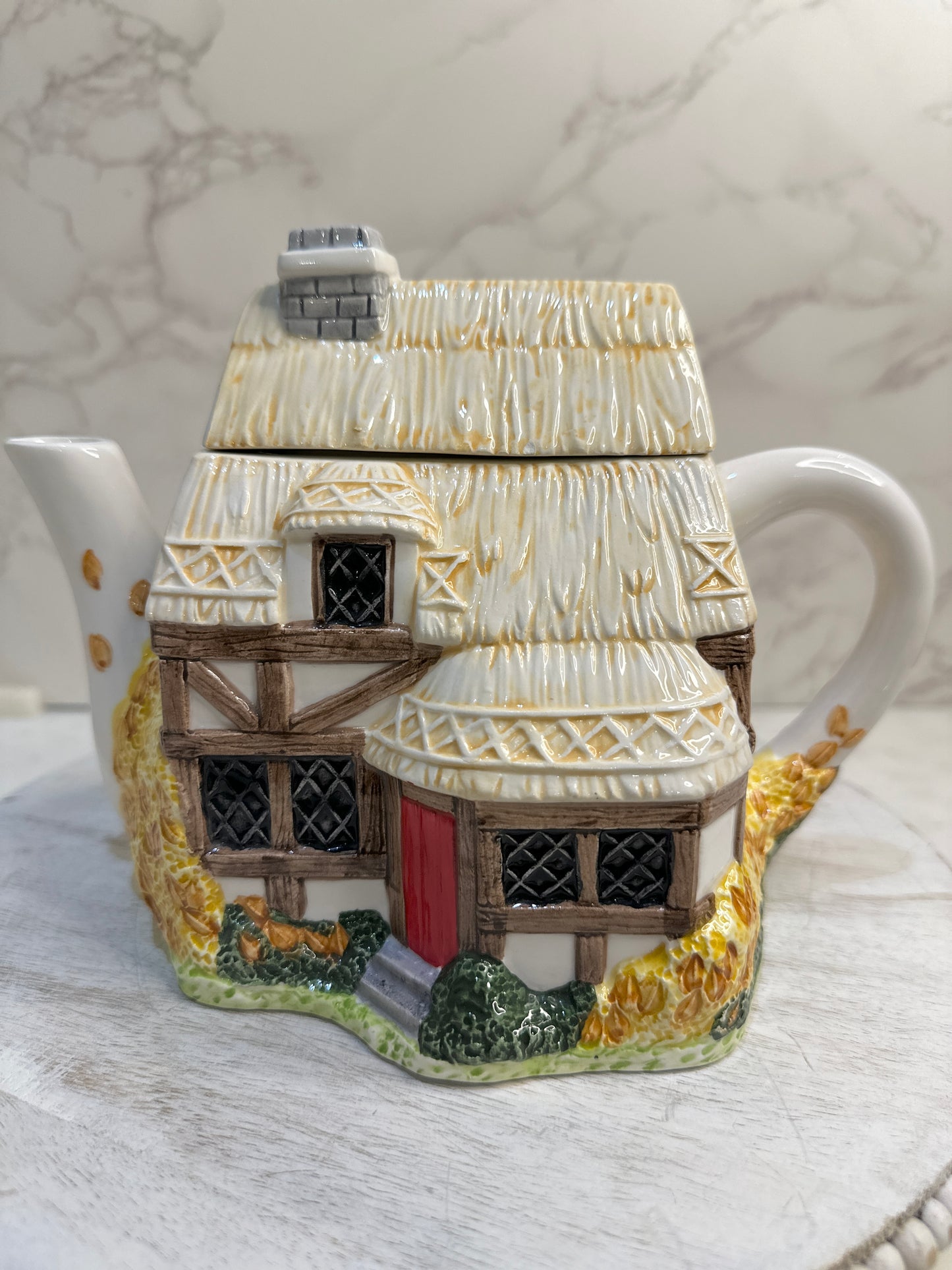 The Village “Autumn Cottage” Teapot by Annie Rowe – Handpainted Ceramic Collectible