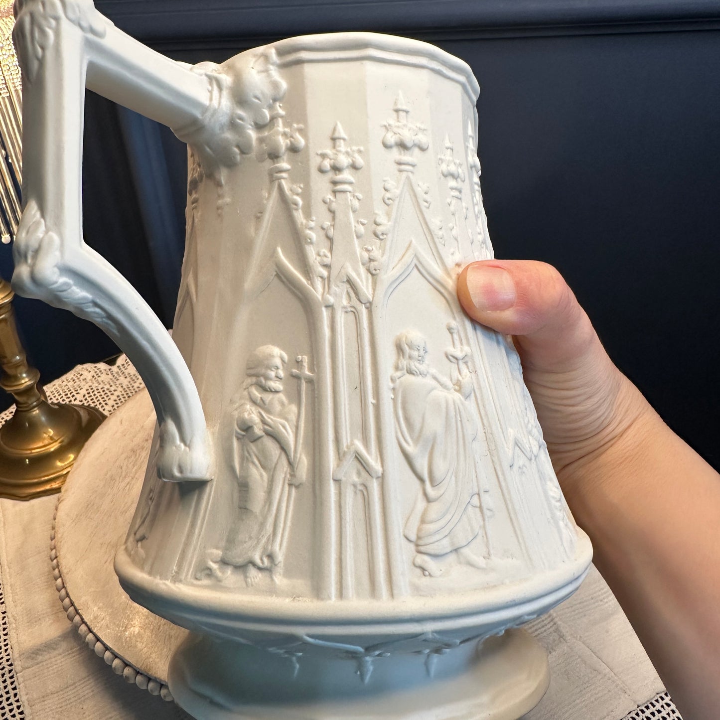 Vintage Portmeirion “Totem” Gothic Relief Jug – Large White Stoneware Pitcher, Made in England