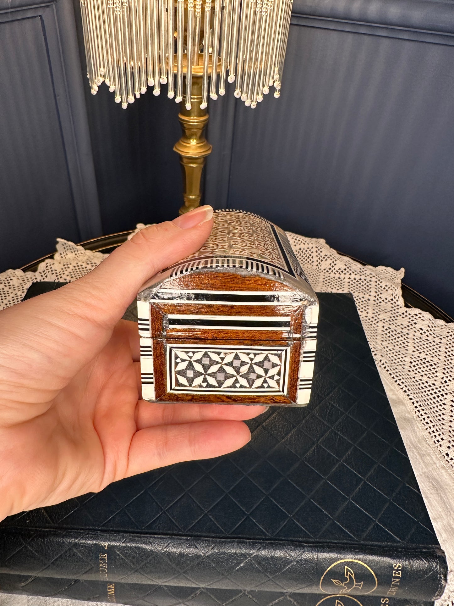 Handmade Inlaid Wooden Jewelry Box with Bone & Mother-of-Pearl | Velvet Lined Trinket Chest | Artisan Keepsake Box