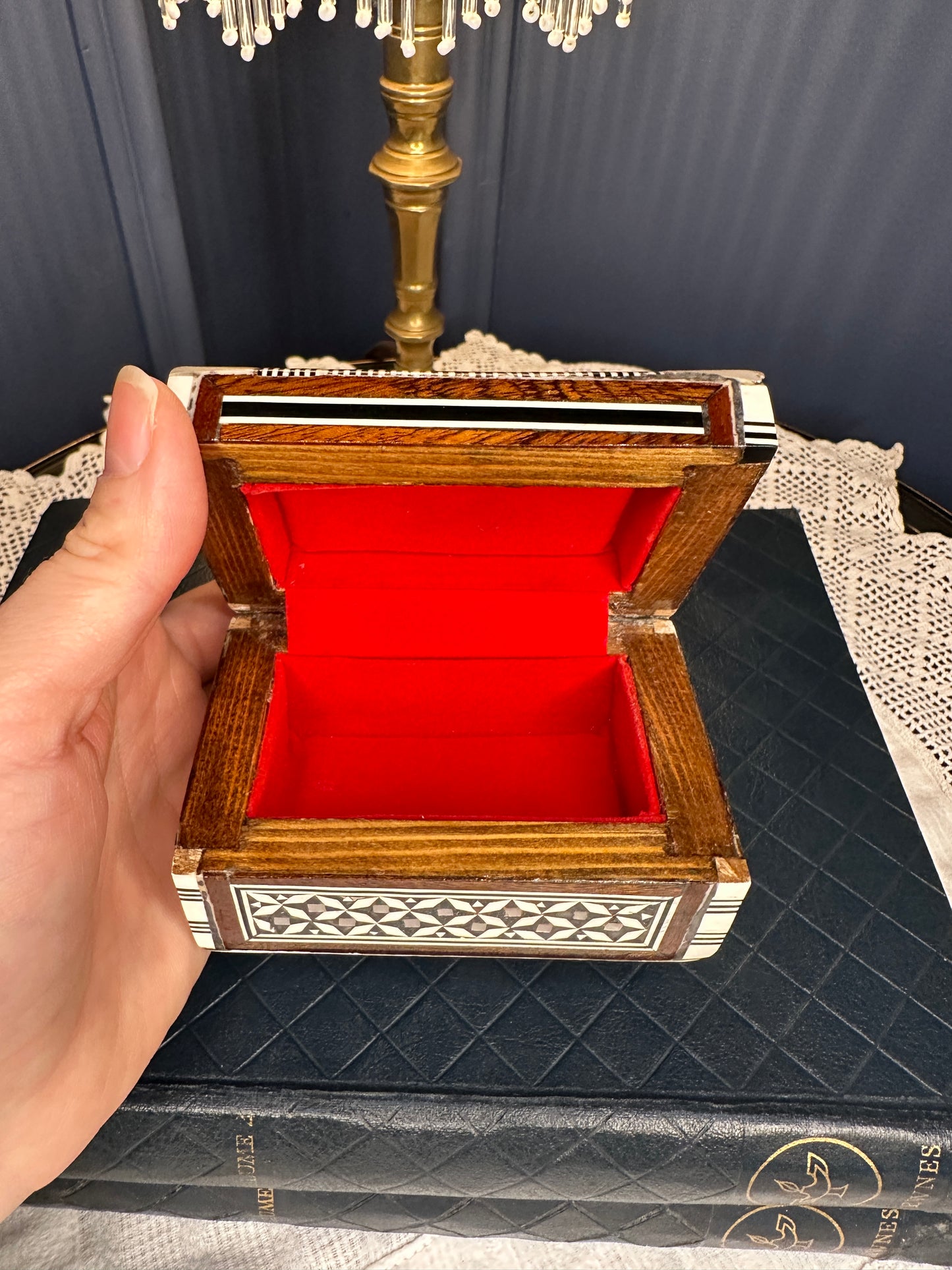 Handmade Inlaid Wooden Jewelry Box with Bone & Mother-of-Pearl | Velvet Lined Trinket Chest | Artisan Keepsake Box