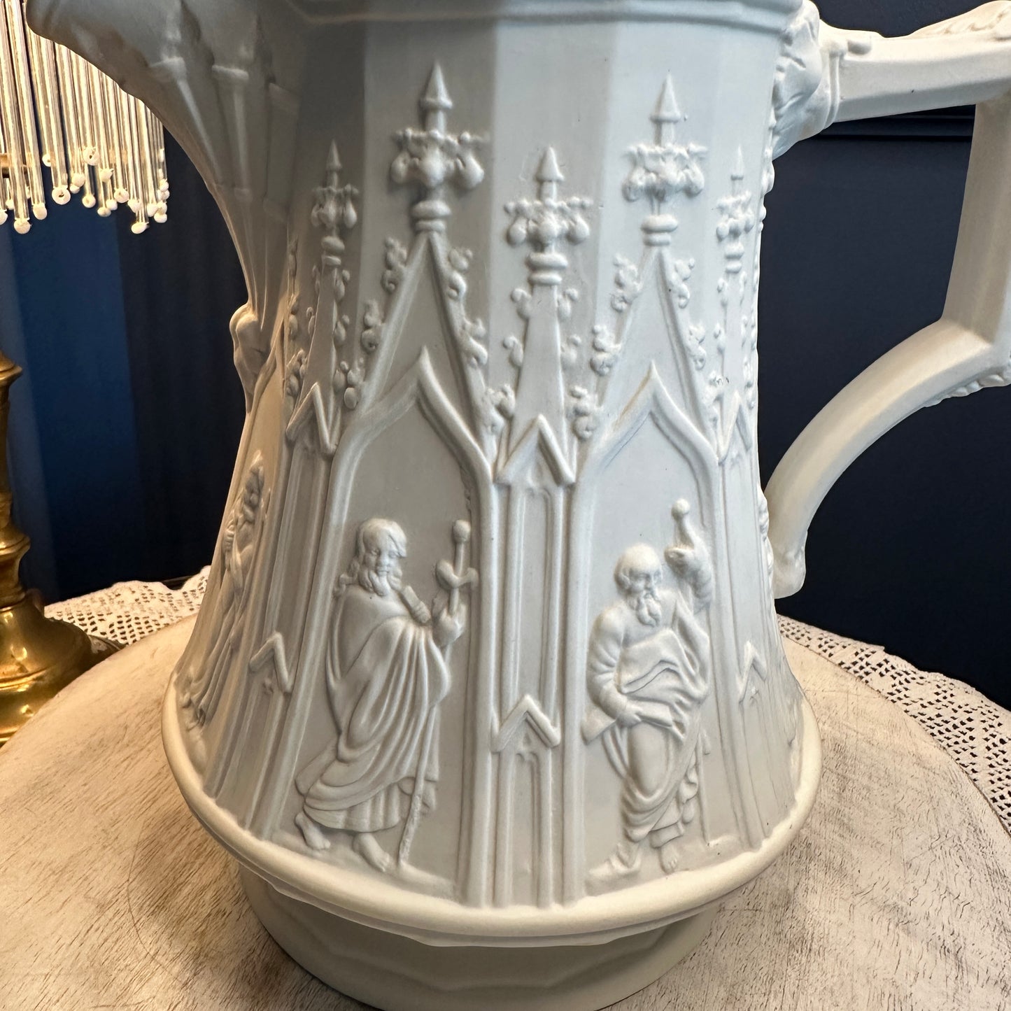 Vintage Portmeirion “Totem” Gothic Relief Jug – Large White Stoneware Pitcher, Made in England