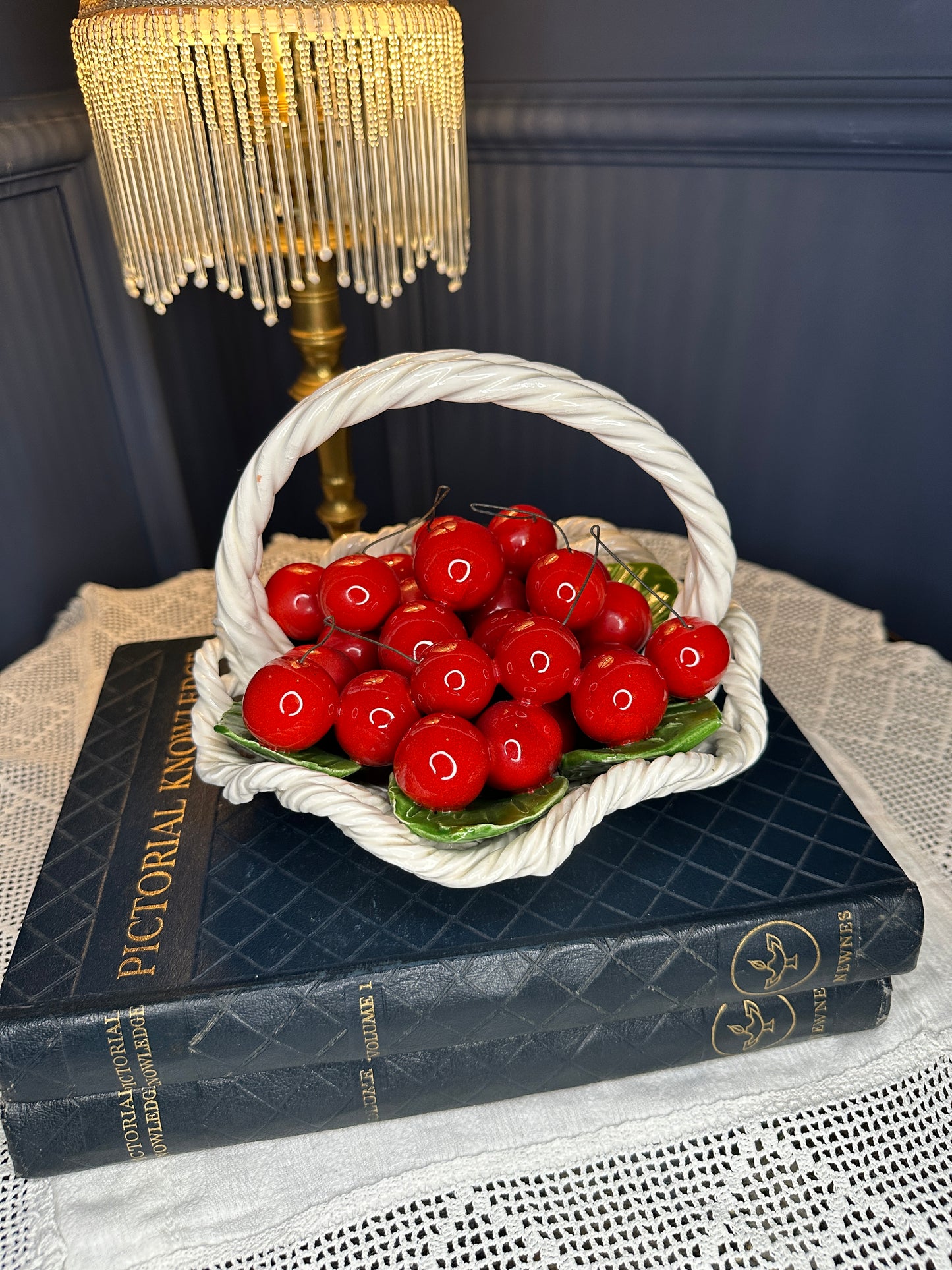 Vintage Italian Ceramic Cherry Basket – Handcrafted Majolica Fruit Centerpiece – Made in Italy