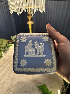 Square Box w Lid Cream Colour on Wedgwood Blue Jasperware jewellery box