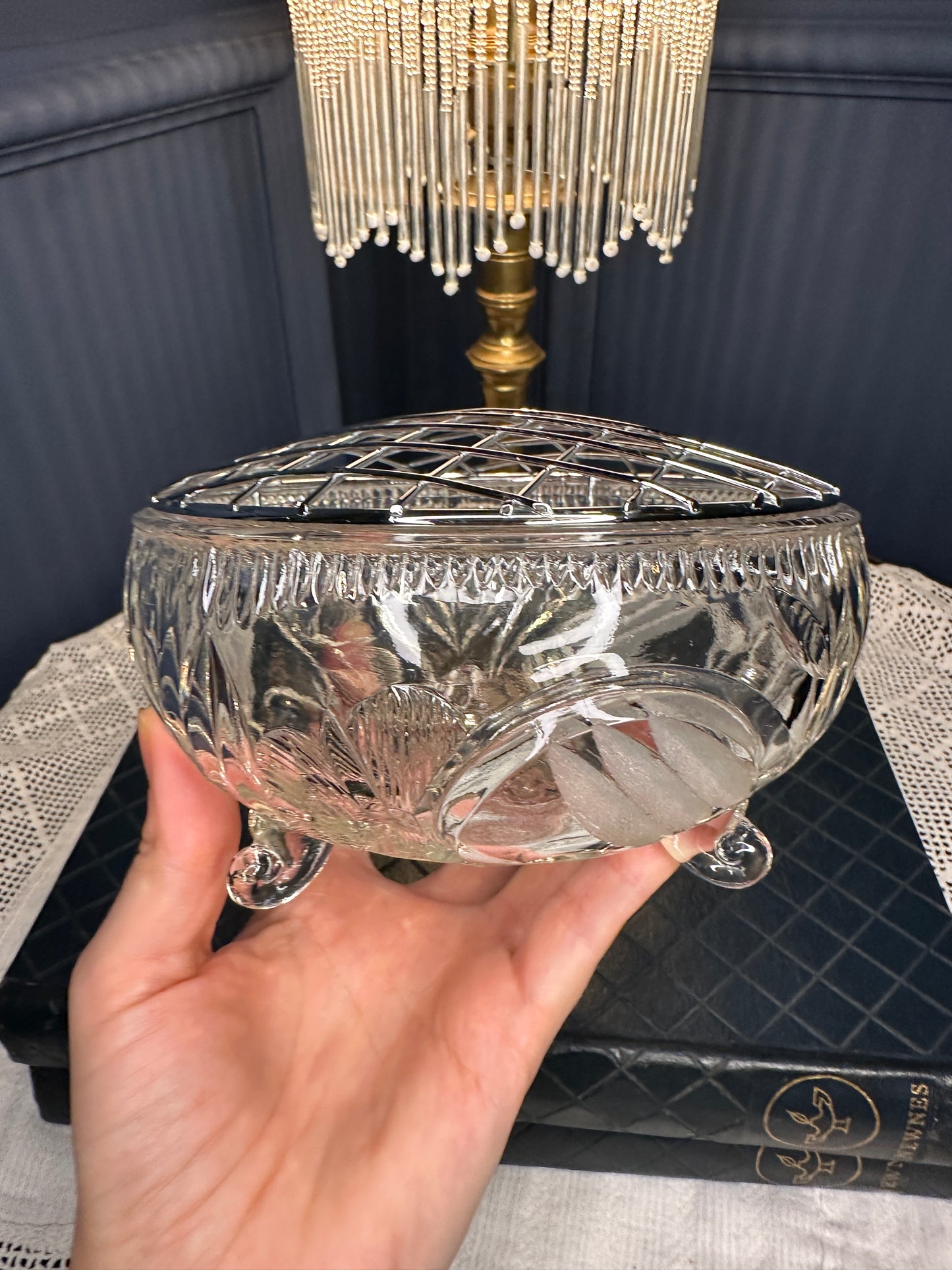Vintage Cut Glass Rose Bowl with Metal Lattice Lid | Footed Crystal Flower Bowl