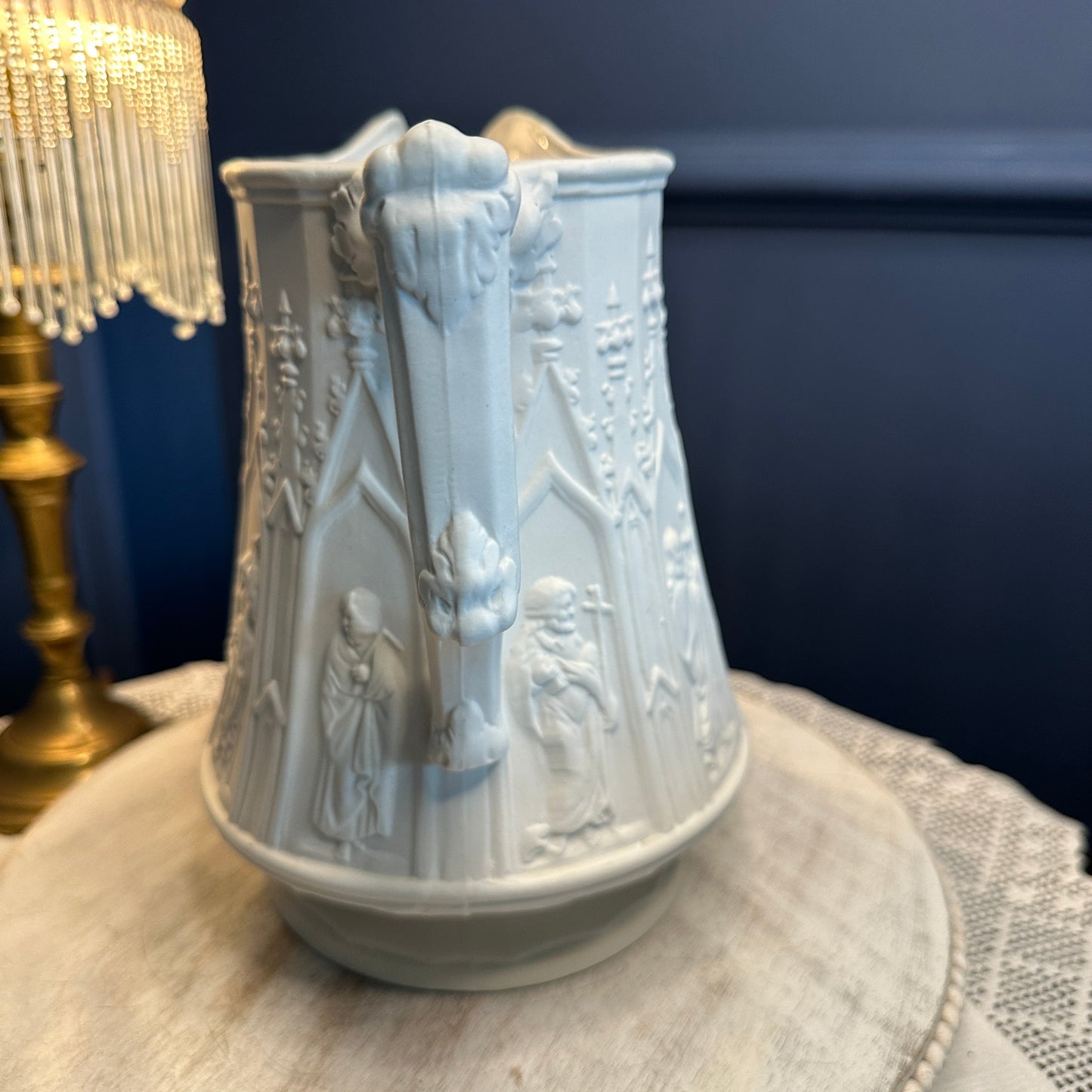 Vintage Portmeirion “Totem” Gothic Relief Jug – Large White Stoneware Pitcher, Made in England