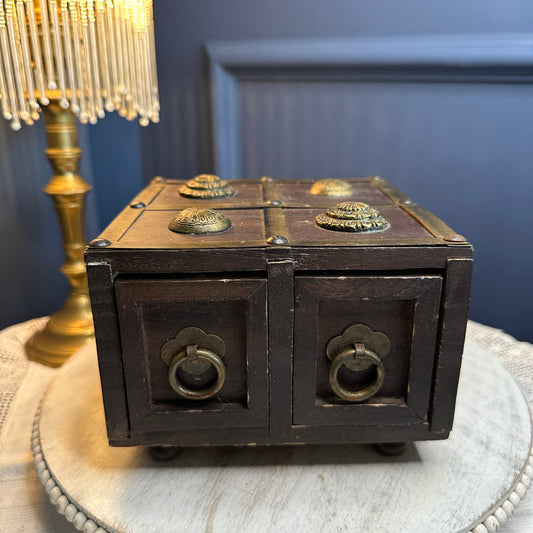 Vintage Wooden Apothecary Chest with Carved Detail | 2-Drawer Storage Box
