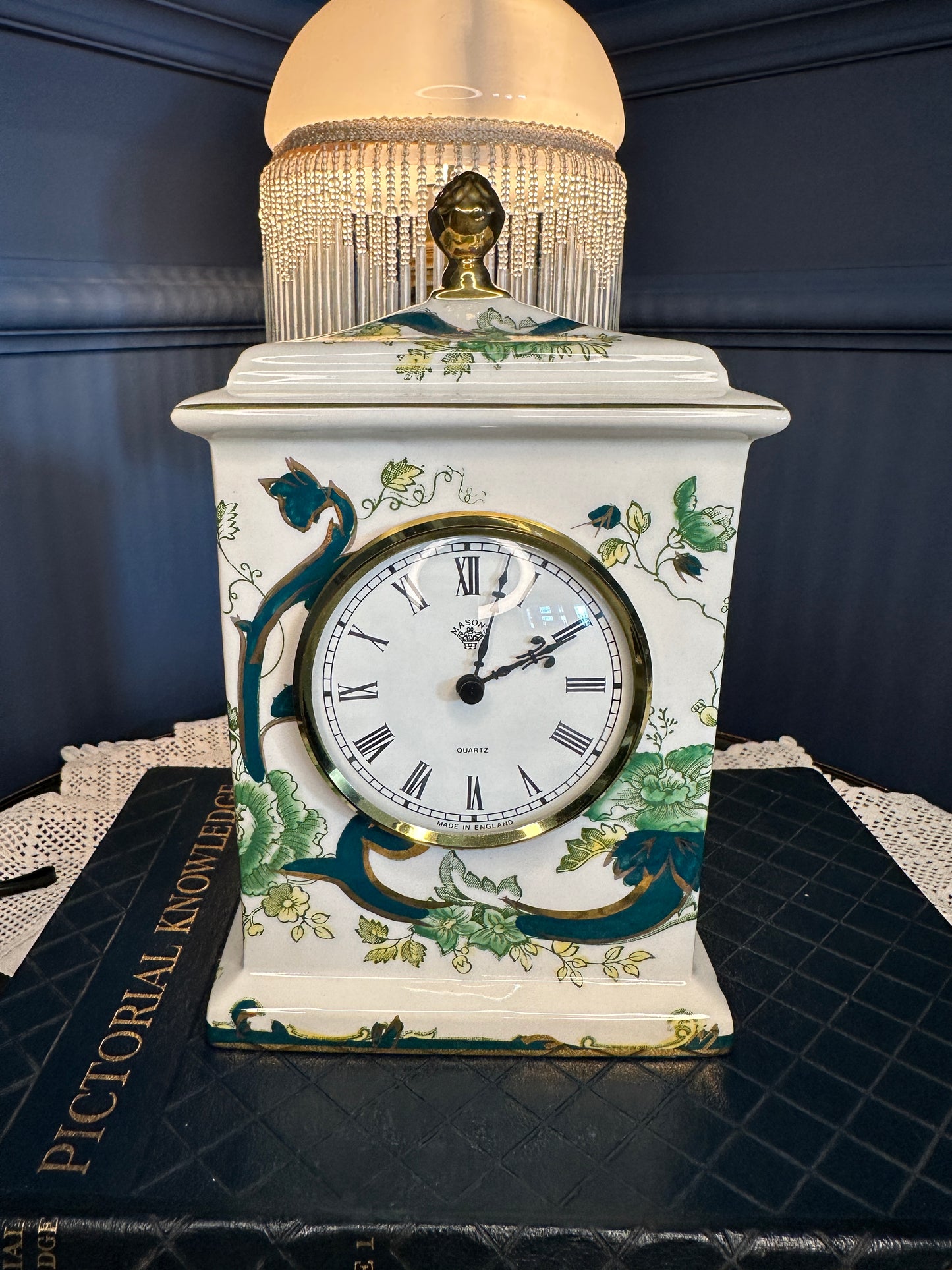 Vintage Mason’s Chartreuse Mantel Clock – Ironstone Ceramic Quartz Clock – Made in England – Green Floral Chinoiserie Design