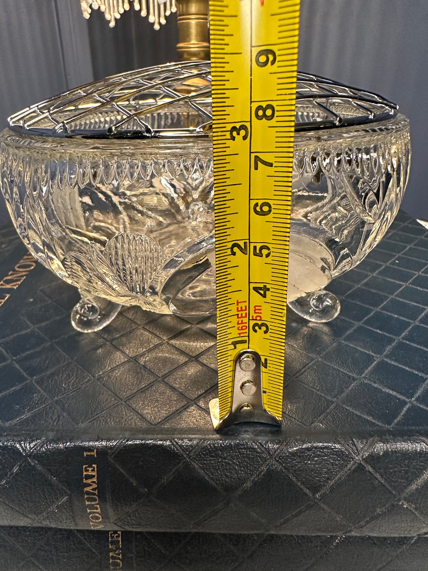 Vintage Cut Glass Rose Bowl with Metal Lattice Lid | Footed Crystal Flower Bowl