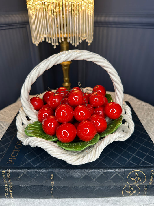 Vintage Italian Ceramic Cherry Basket – Handcrafted Majolica Fruit Centerpiece – Made in Italy