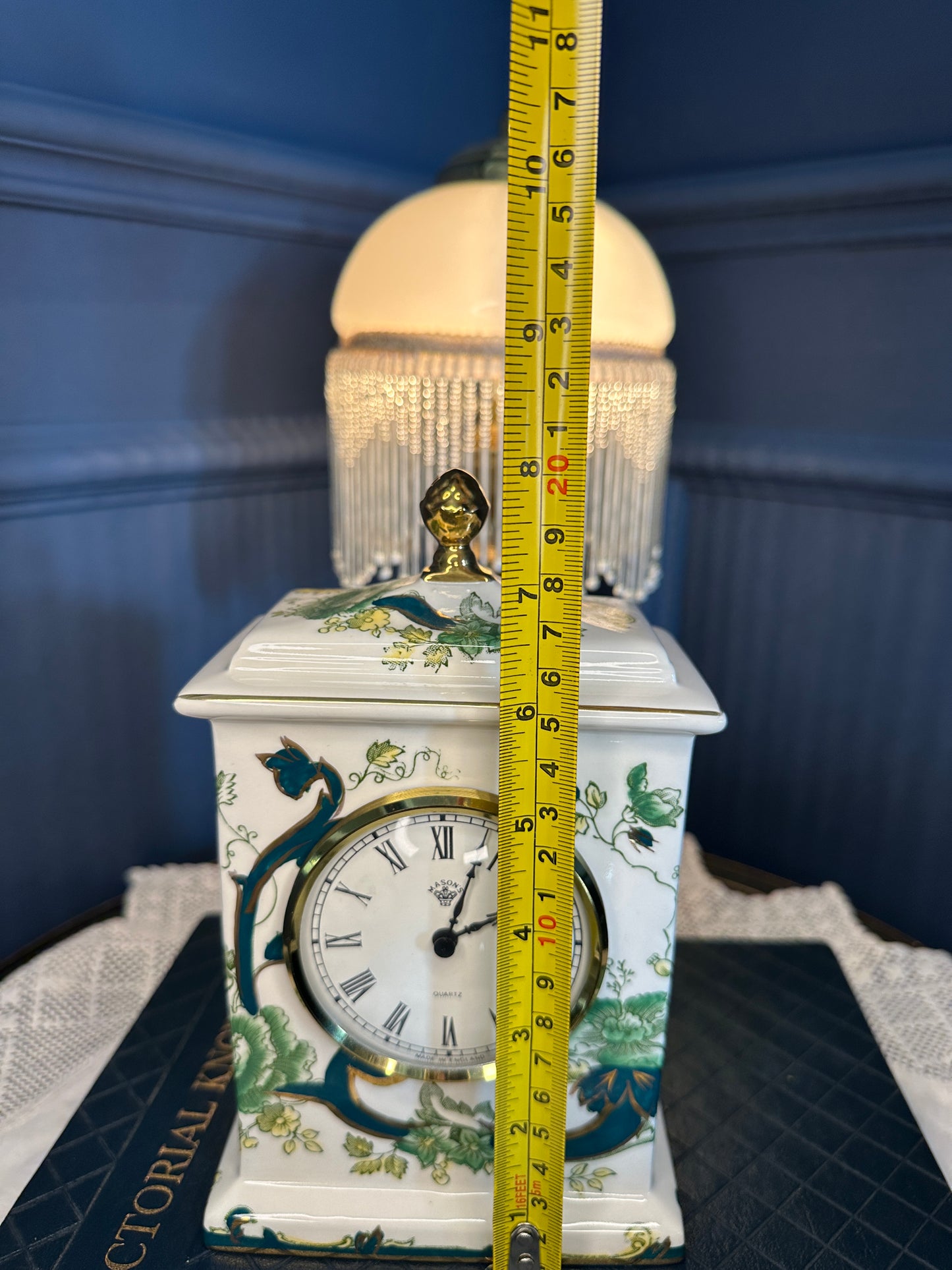 Vintage Mason’s Chartreuse Mantel Clock – Ironstone Ceramic Quartz Clock – Made in England – Green Floral Chinoiserie Design