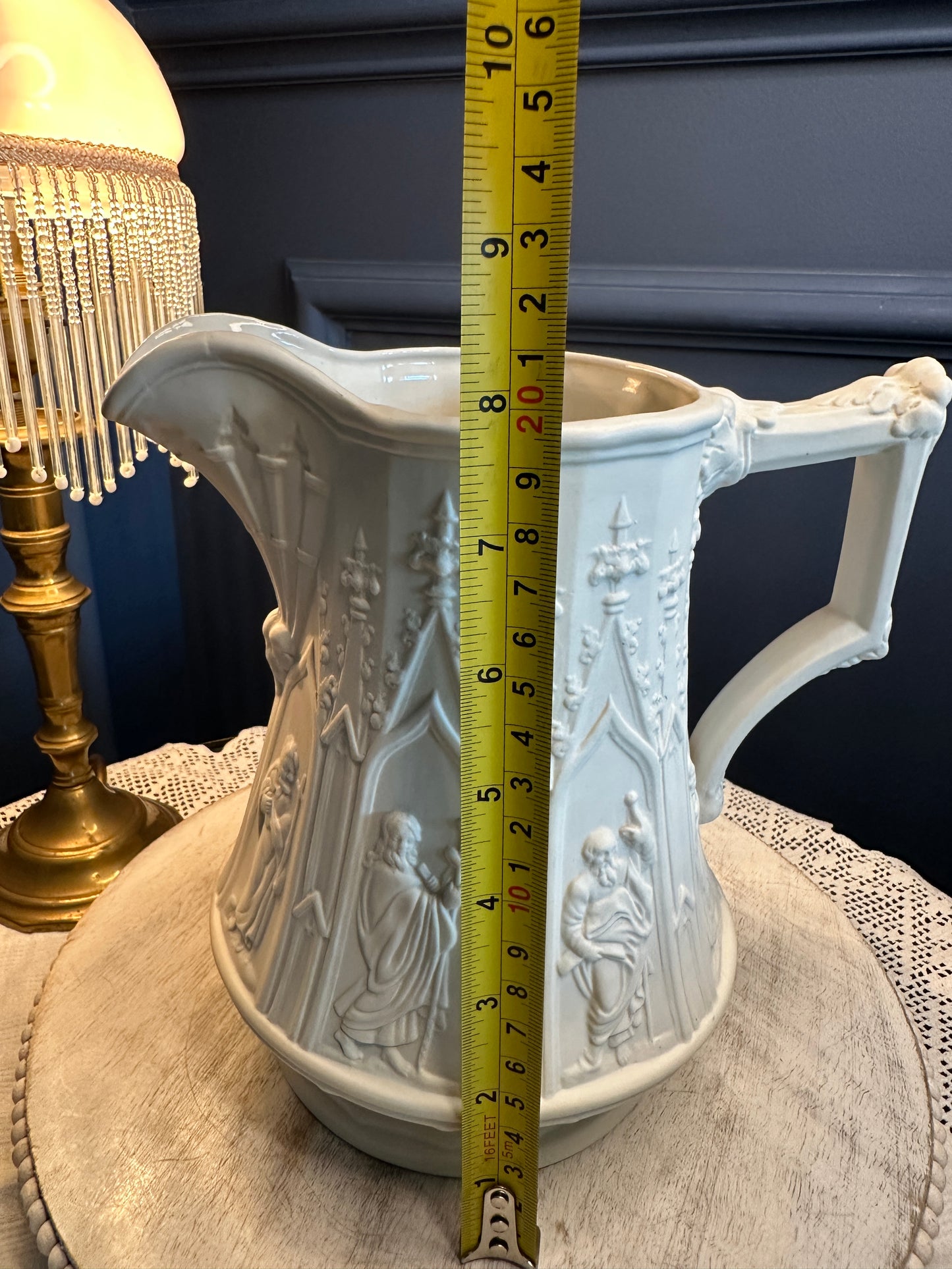 Vintage Portmeirion “Totem” Gothic Relief Jug – Large White Stoneware Pitcher, Made in England