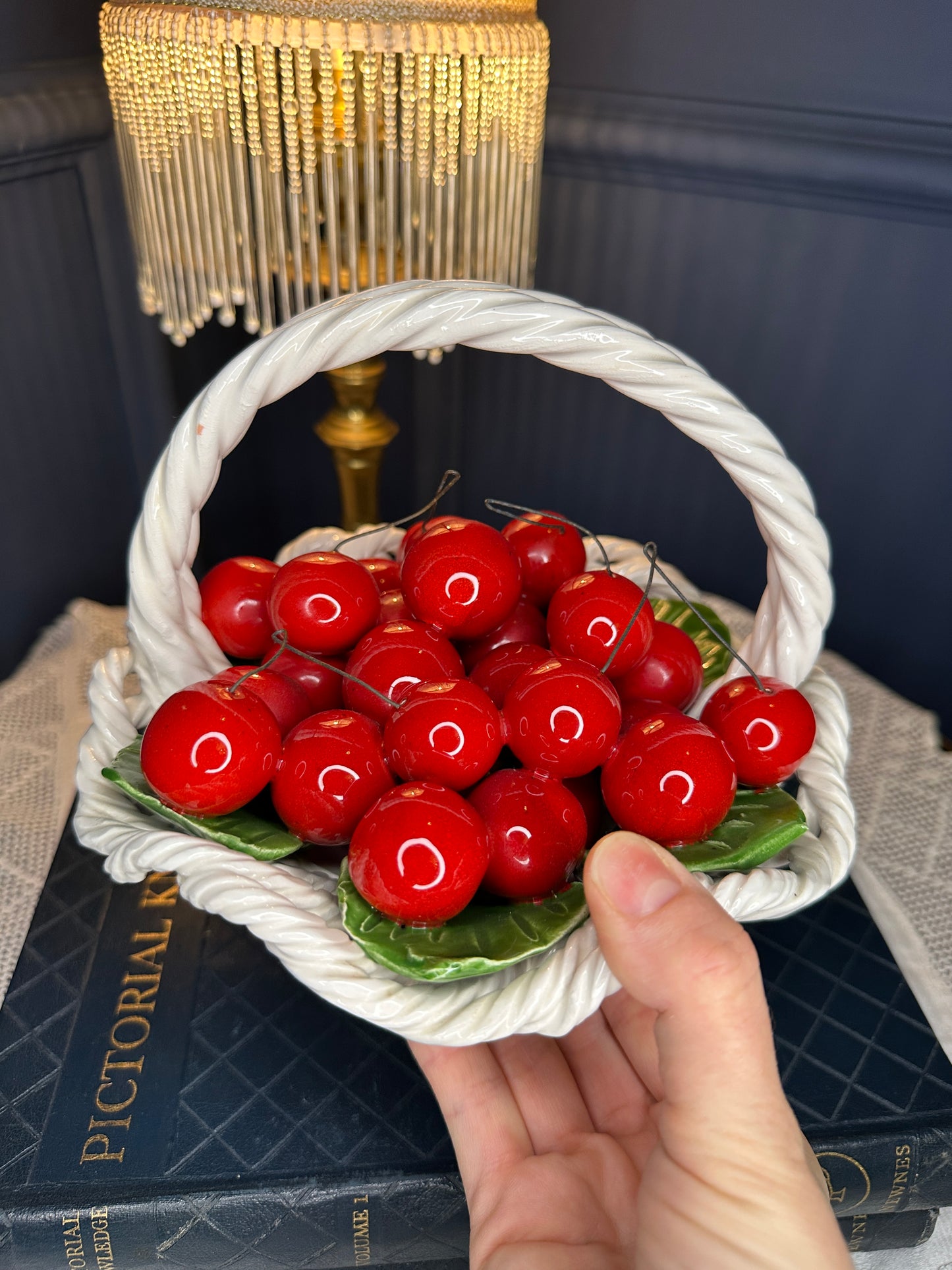 Vintage Italian Ceramic Cherry Basket – Handcrafted Majolica Fruit Centerpiece – Made in Italy