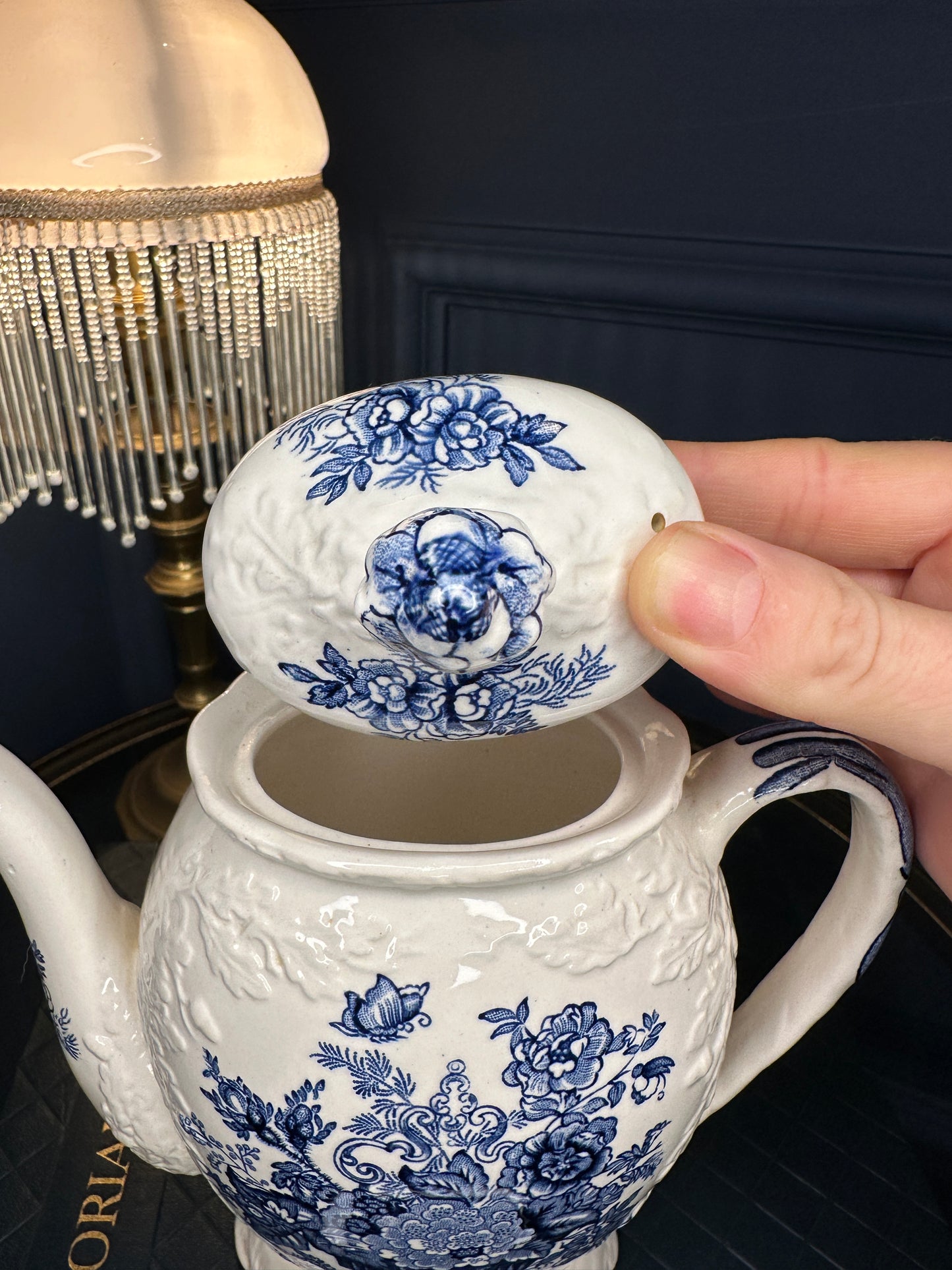 Antique Mason’s Ironstone “Ascot on Oak” Teapot – Blue & White English Transferware – Made in England