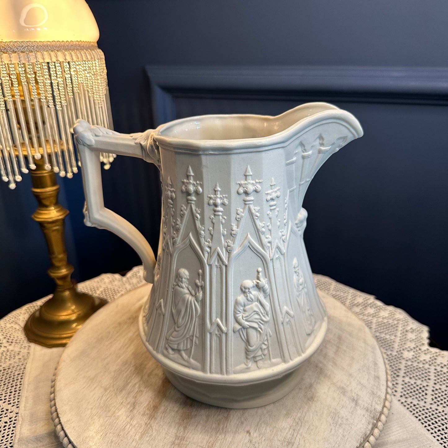 Vintage Portmeirion “Totem” Gothic Relief Jug – Large White Stoneware Pitcher, Made in England