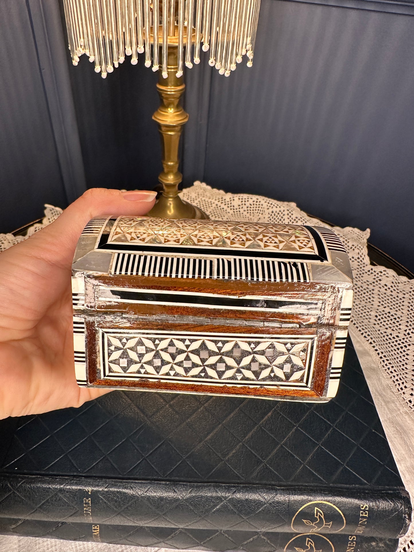Handmade Inlaid Wooden Jewelry Box with Bone & Mother-of-Pearl | Velvet Lined Trinket Chest | Artisan Keepsake Box