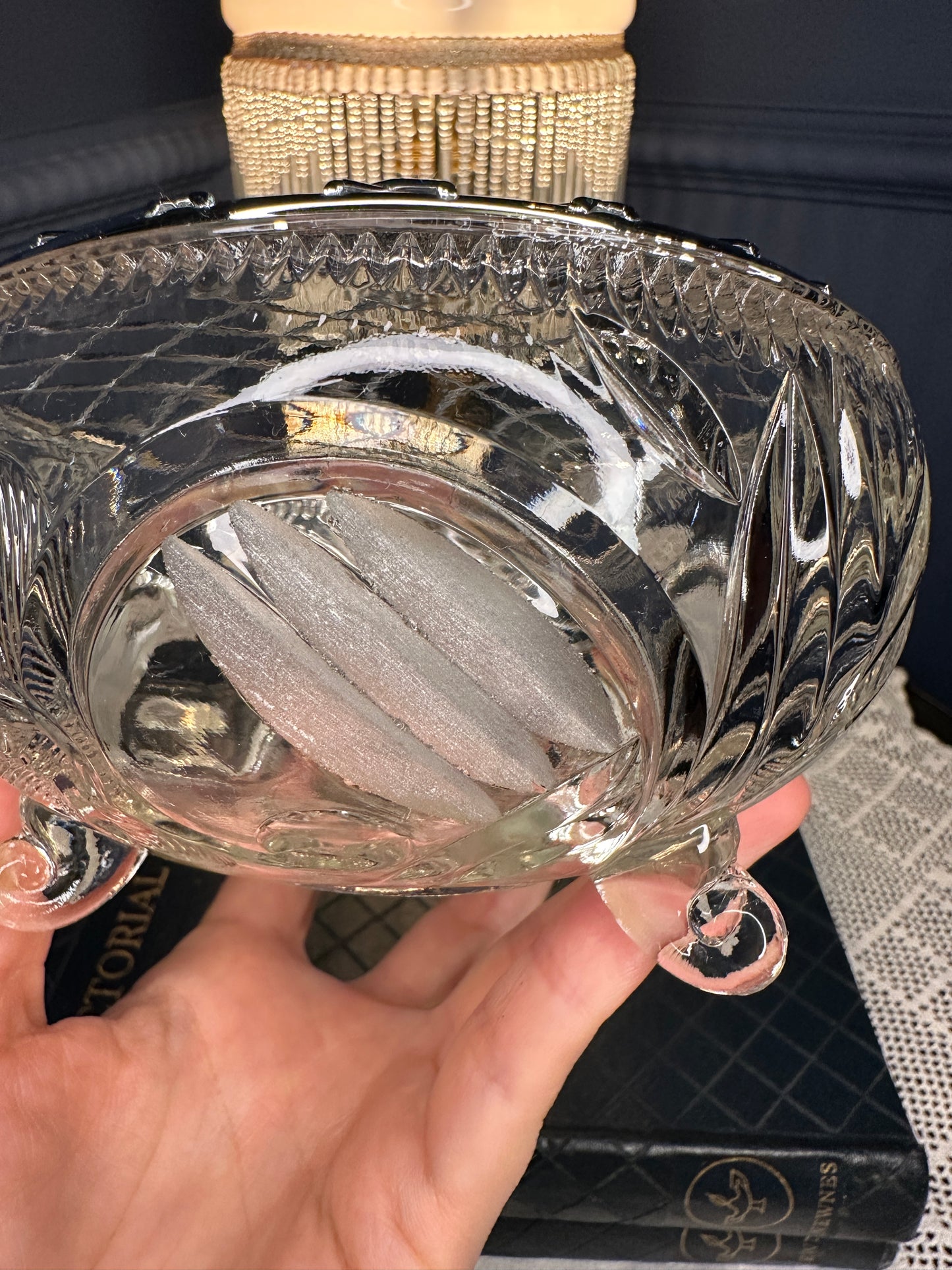 Vintage Cut Glass Rose Bowl with Metal Lattice Lid | Footed Crystal Flower Bowl