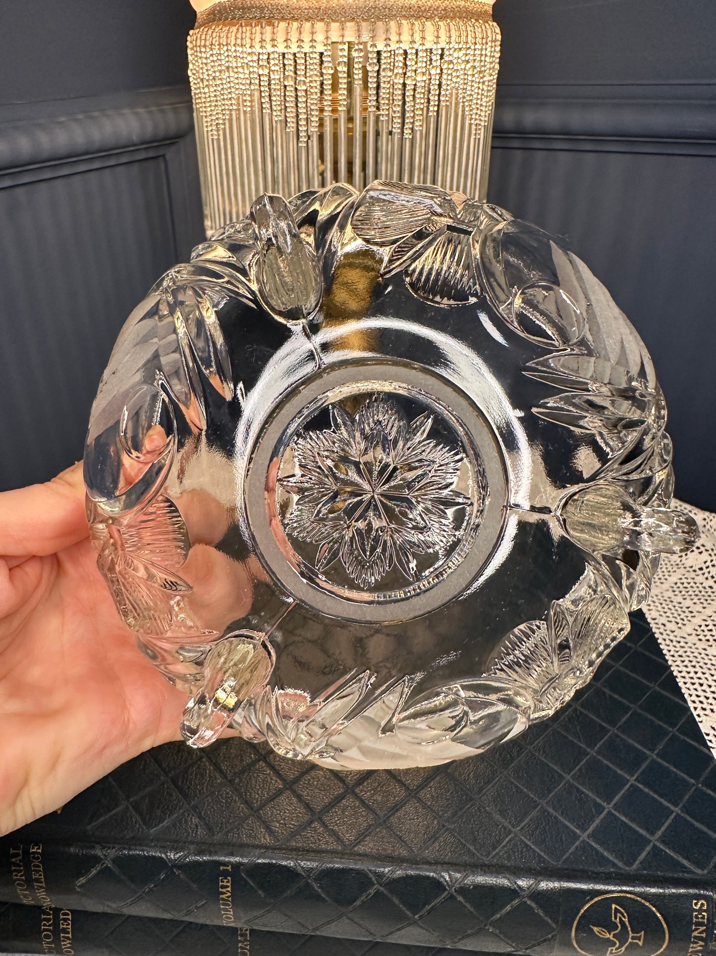 Vintage Cut Glass Rose Bowl with Metal Lattice Lid | Footed Crystal Flower Bowl