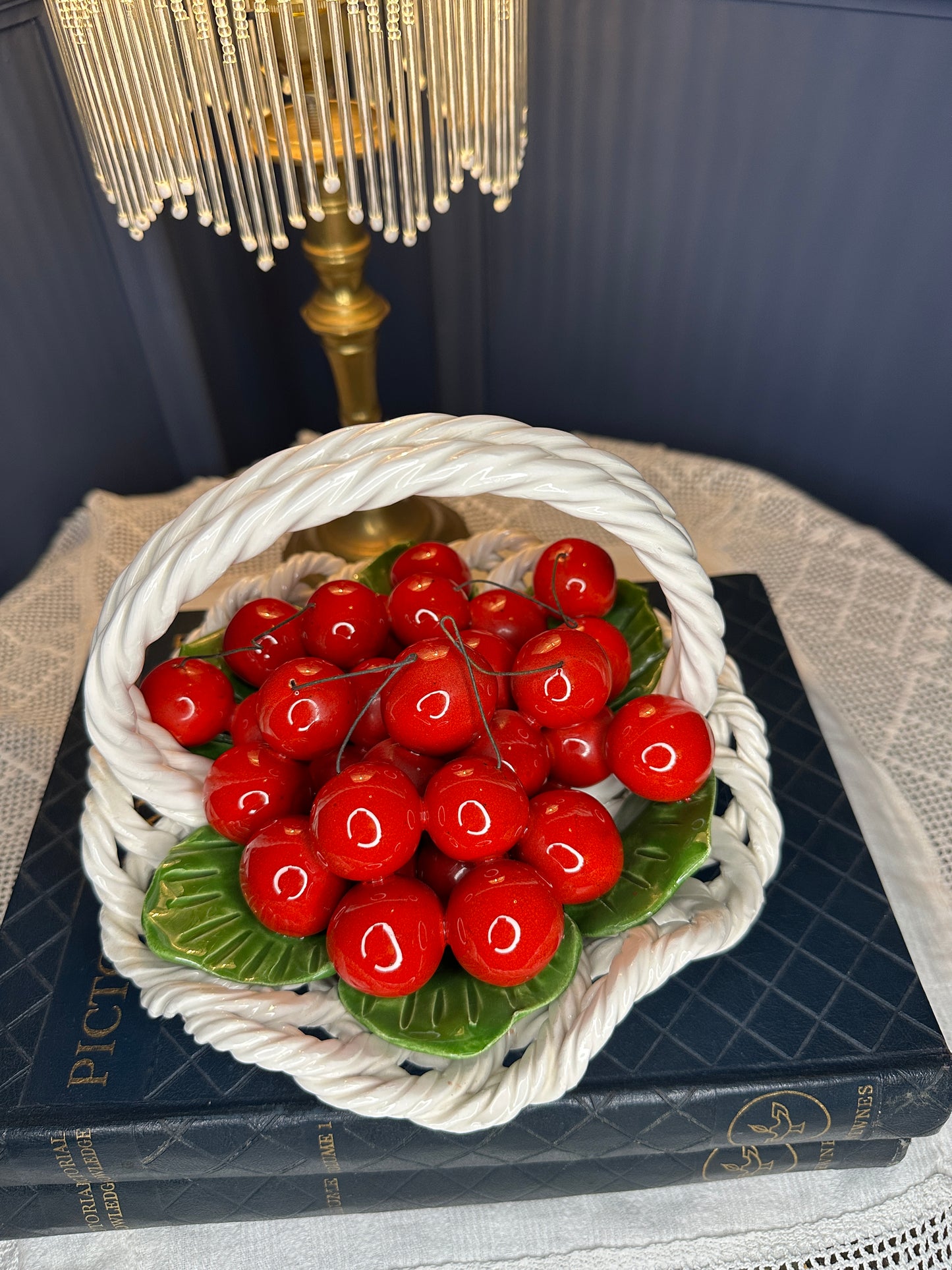 Vintage Italian Ceramic Cherry Basket – Handcrafted Majolica Fruit Centerpiece – Made in Italy