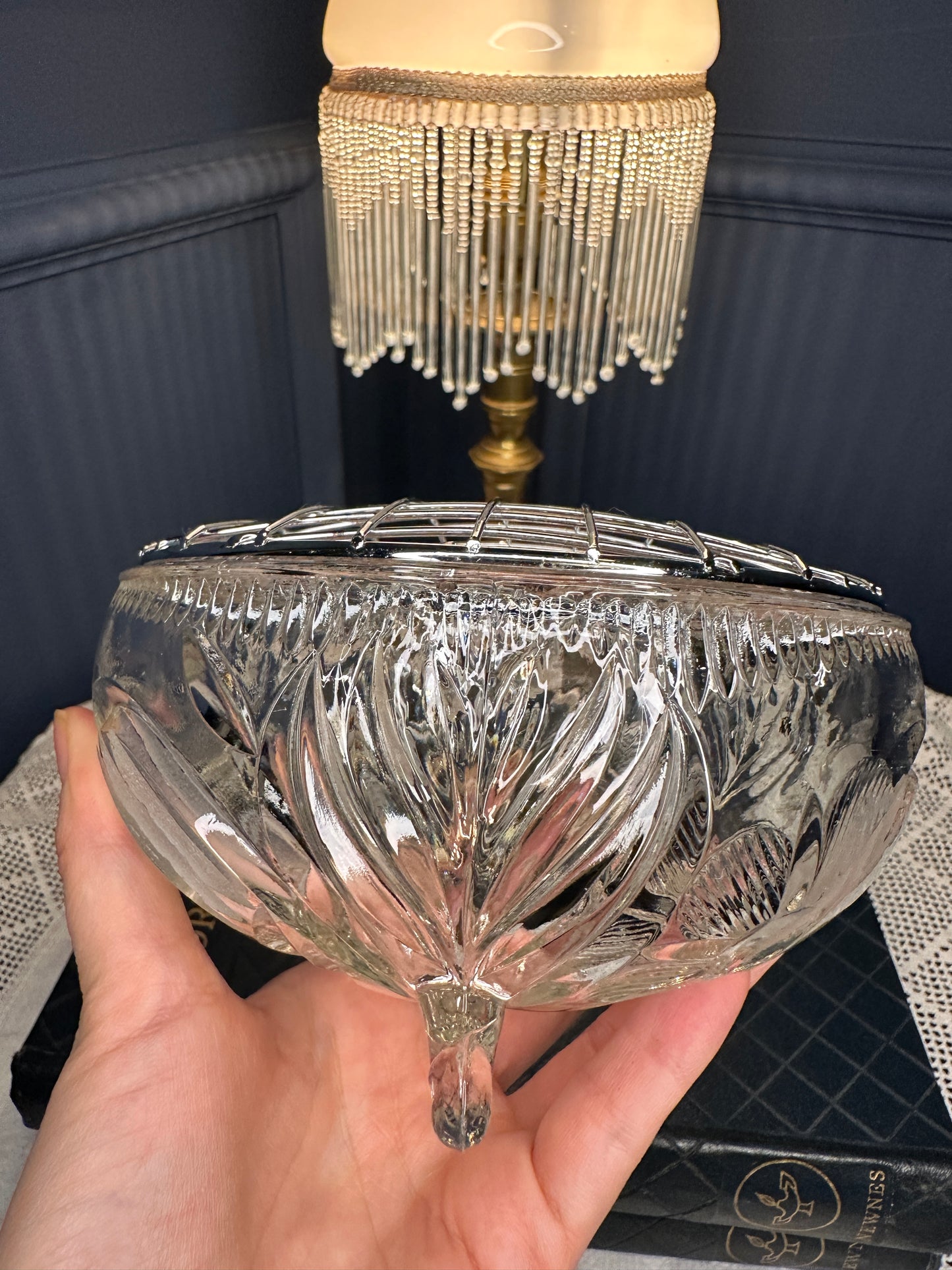 Vintage Cut Glass Rose Bowl with Metal Lattice Lid | Footed Crystal Flower Bowl