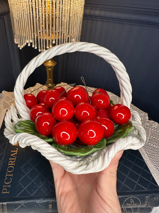 Vintage Italian Ceramic Cherry Basket – Handcrafted Majolica Fruit Centerpiece – Made in Italy