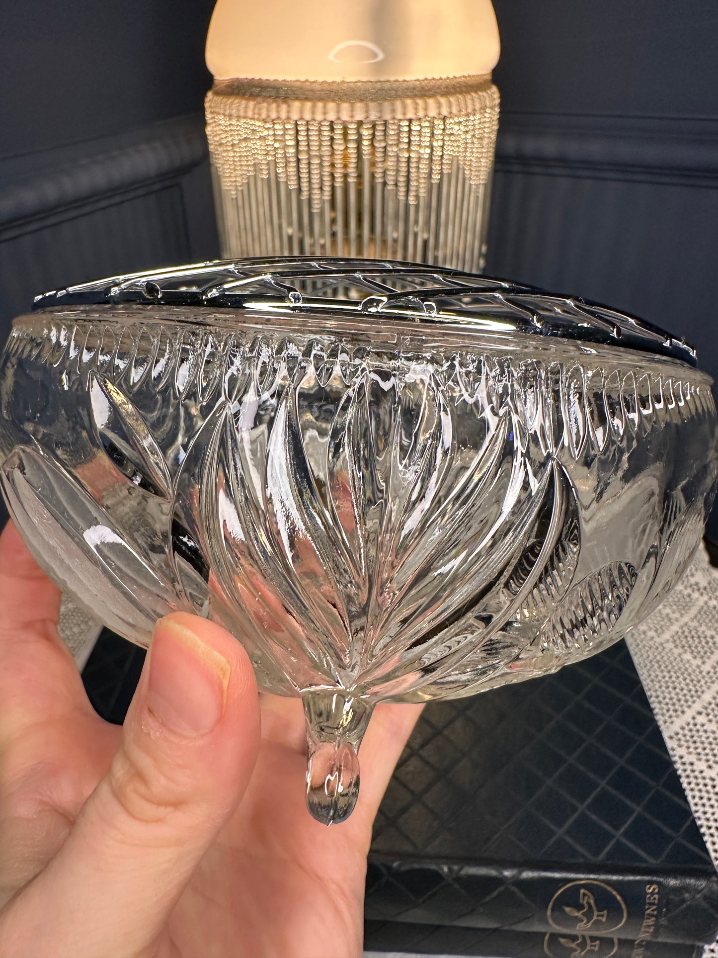 Vintage Cut Glass Rose Bowl with Metal Lattice Lid | Footed Crystal Flower Bowl