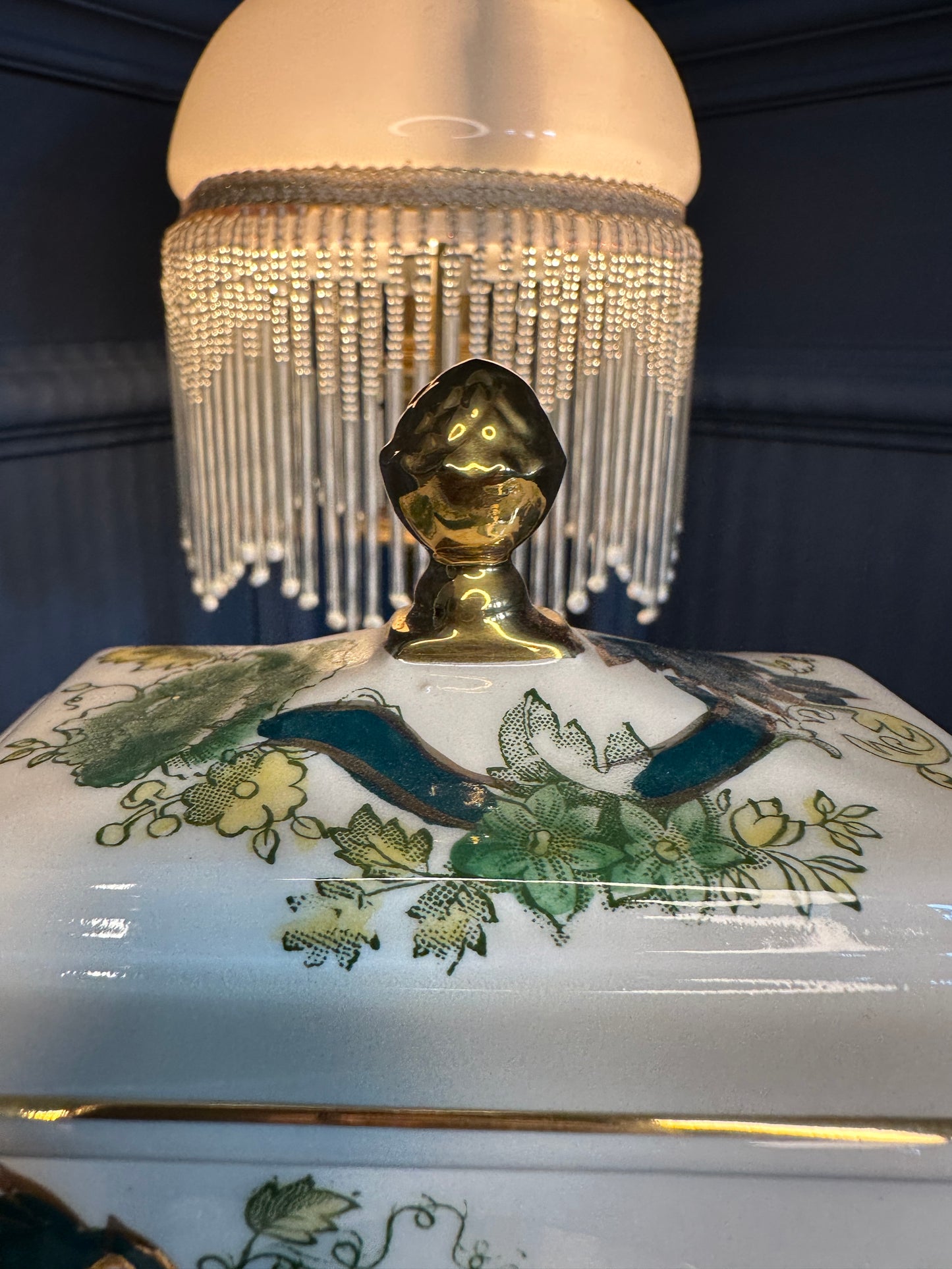 Vintage Mason’s Chartreuse Mantel Clock – Ironstone Ceramic Quartz Clock – Made in England – Green Floral Chinoiserie Design