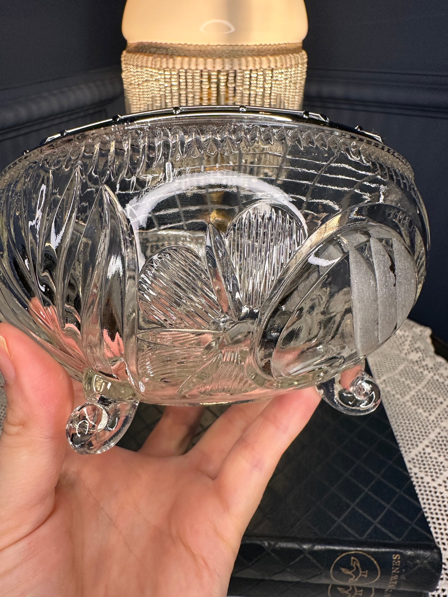 Vintage Cut Glass Rose Bowl with Metal Lattice Lid | Footed Crystal Flower Bowl