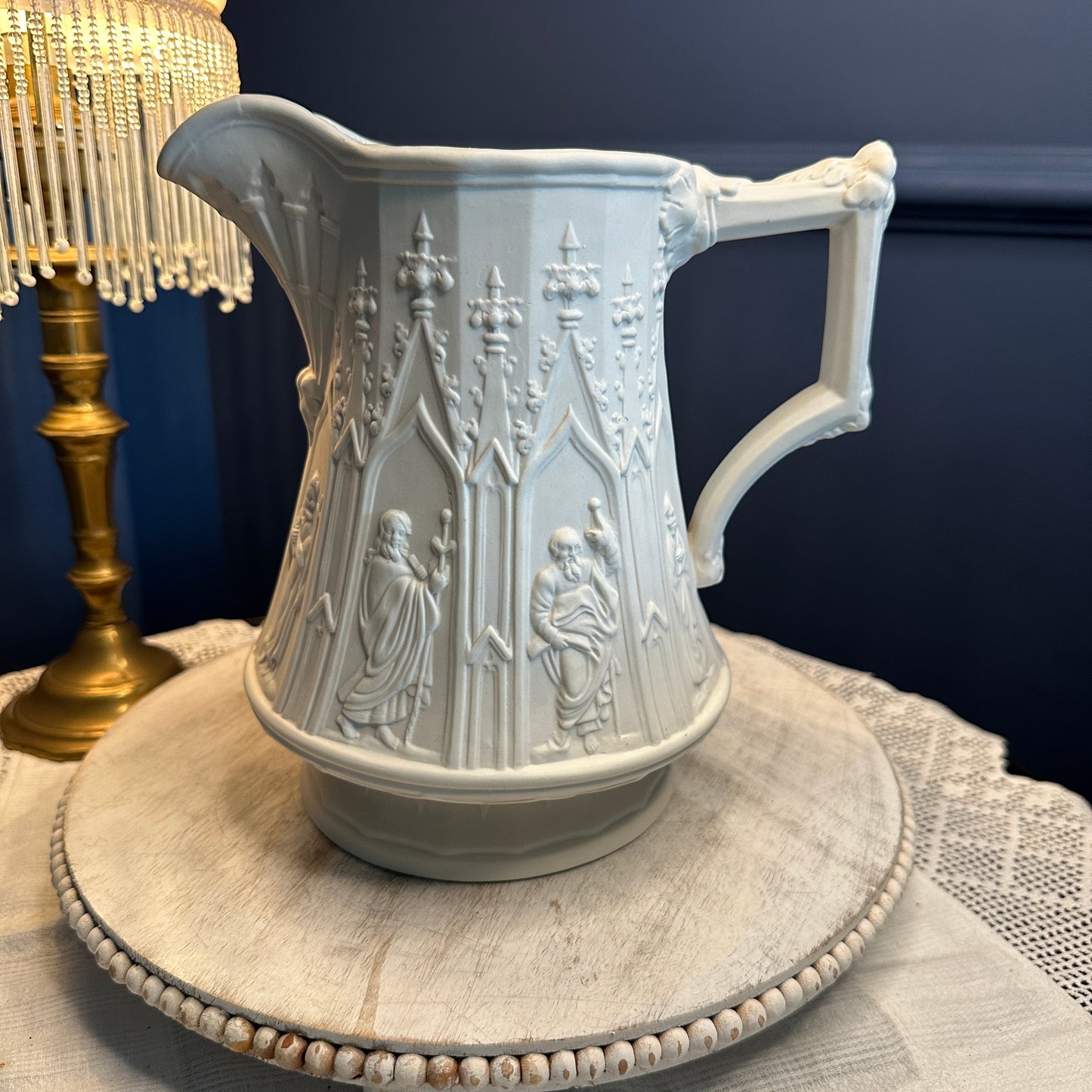 Vintage Portmeirion “Totem” Gothic Relief Jug – Large White Stoneware Pitcher, Made in England