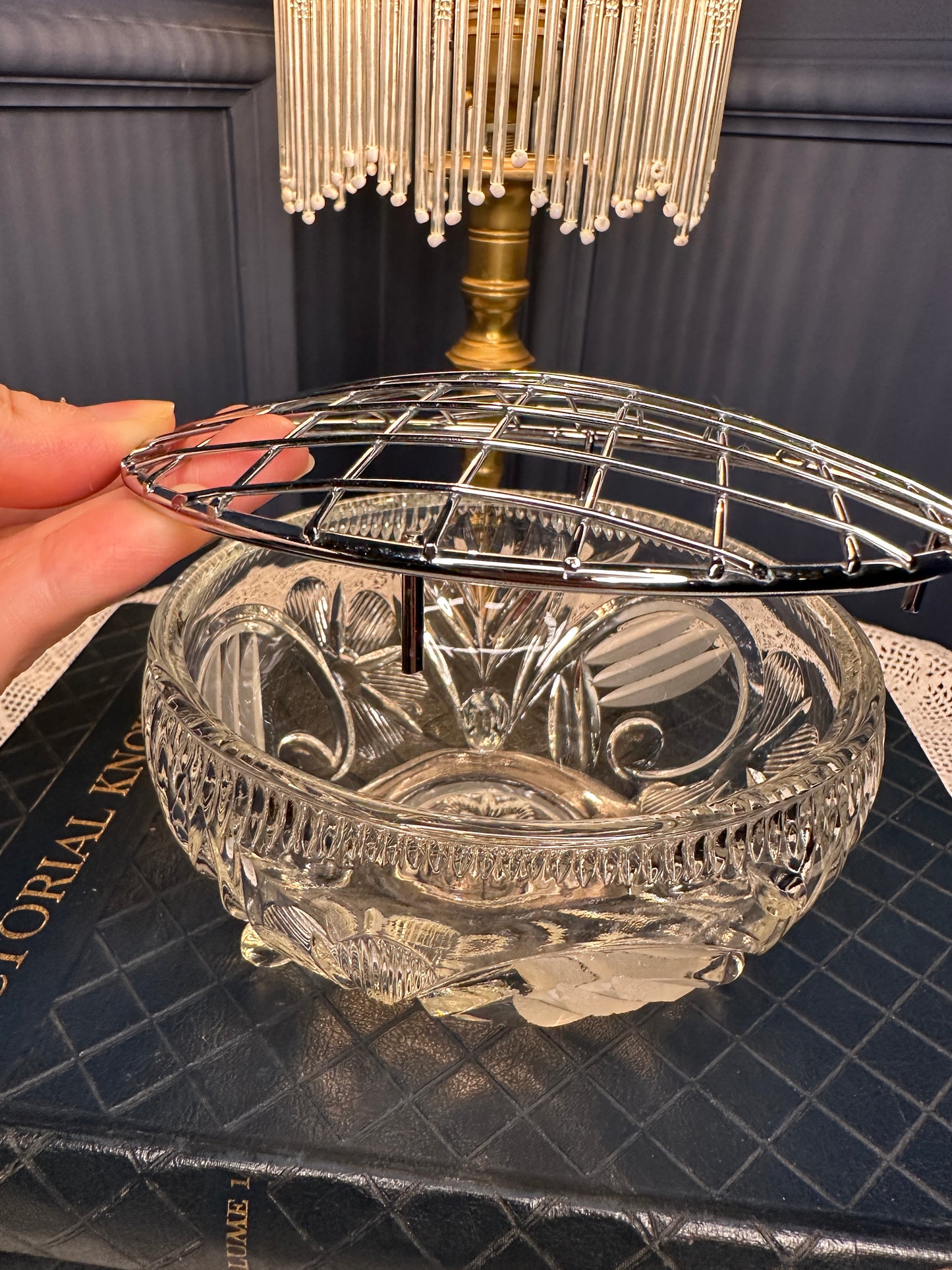 Vintage Cut Glass Rose Bowl with Metal Lattice Lid | Footed Crystal Flower Bowl