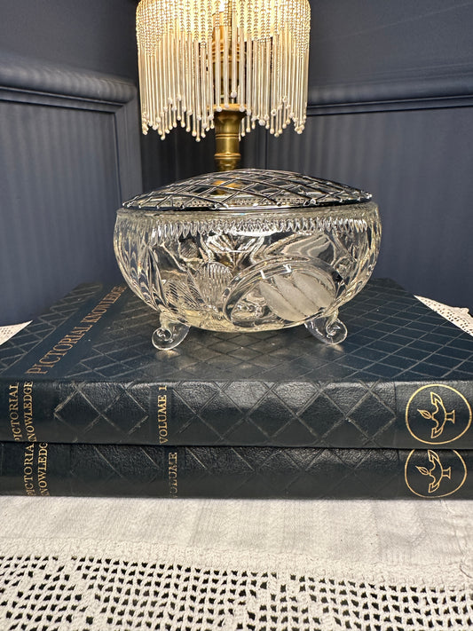 Vintage Cut Glass Rose Bowl with Metal Lattice Lid | Footed Crystal Flower Bowl