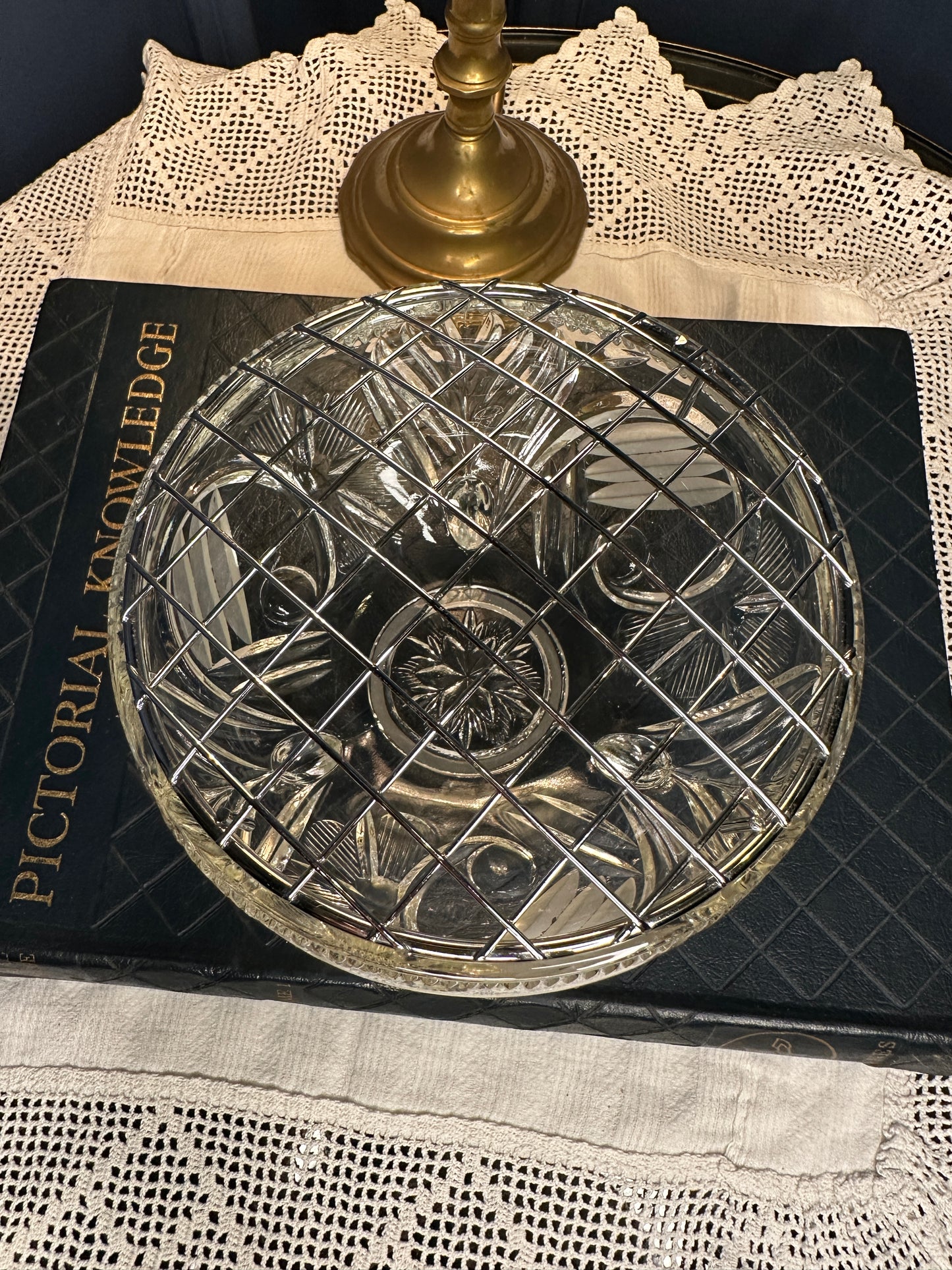 Vintage Cut Glass Rose Bowl with Metal Lattice Lid | Footed Crystal Flower Bowl