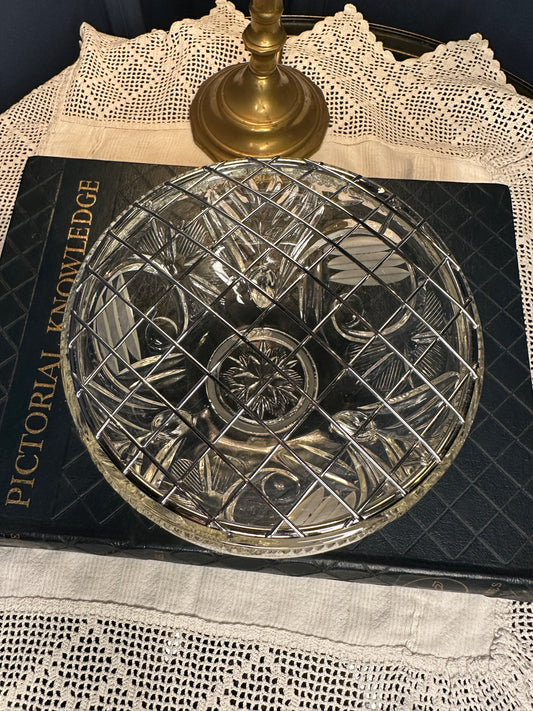 Vintage Cut Glass Rose Bowl with Metal Lattice Lid | Footed Crystal Flower Bowl