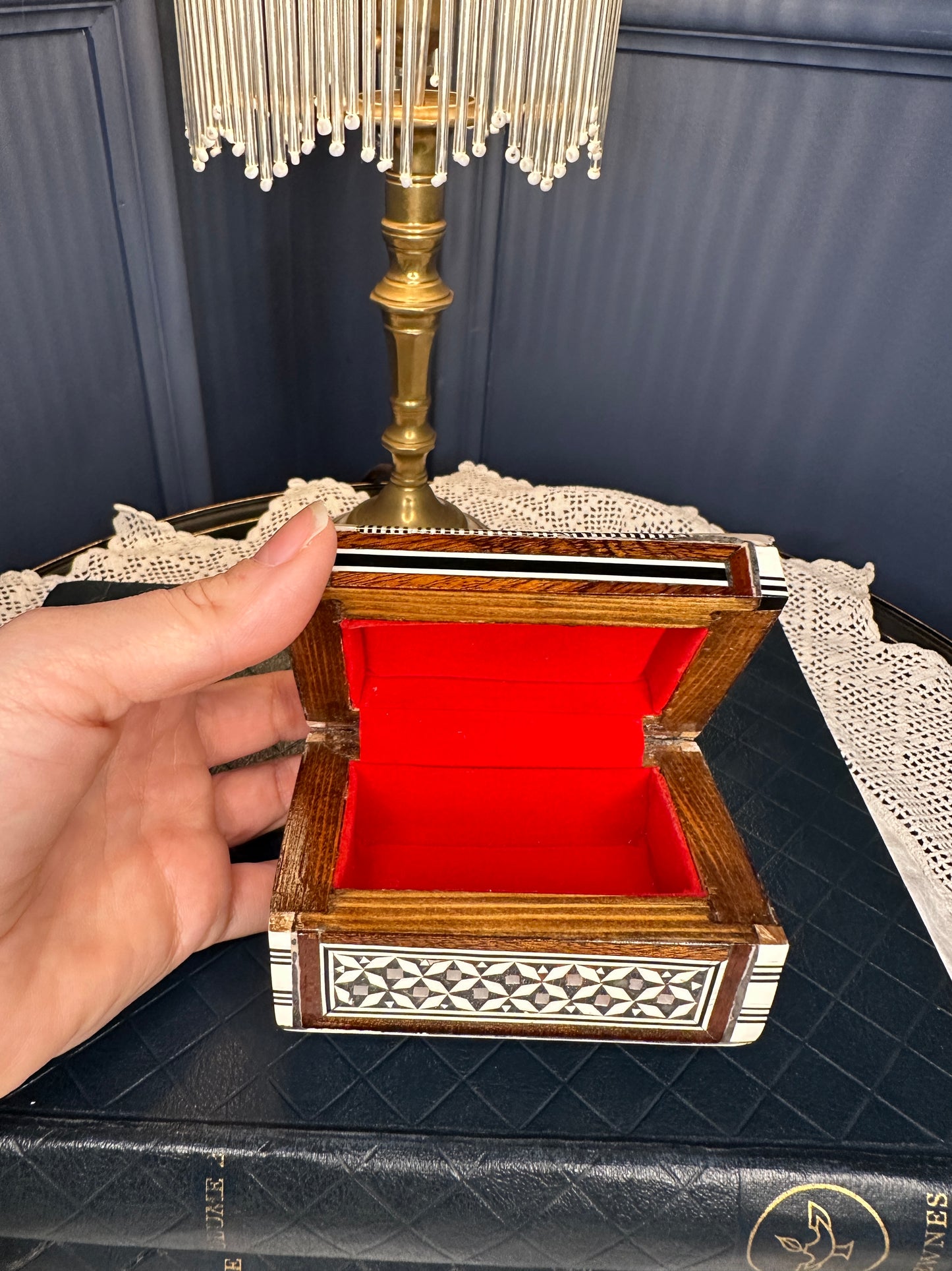 Handmade Inlaid Wooden Jewelry Box with Bone & Mother-of-Pearl | Velvet Lined Trinket Chest | Artisan Keepsake Box