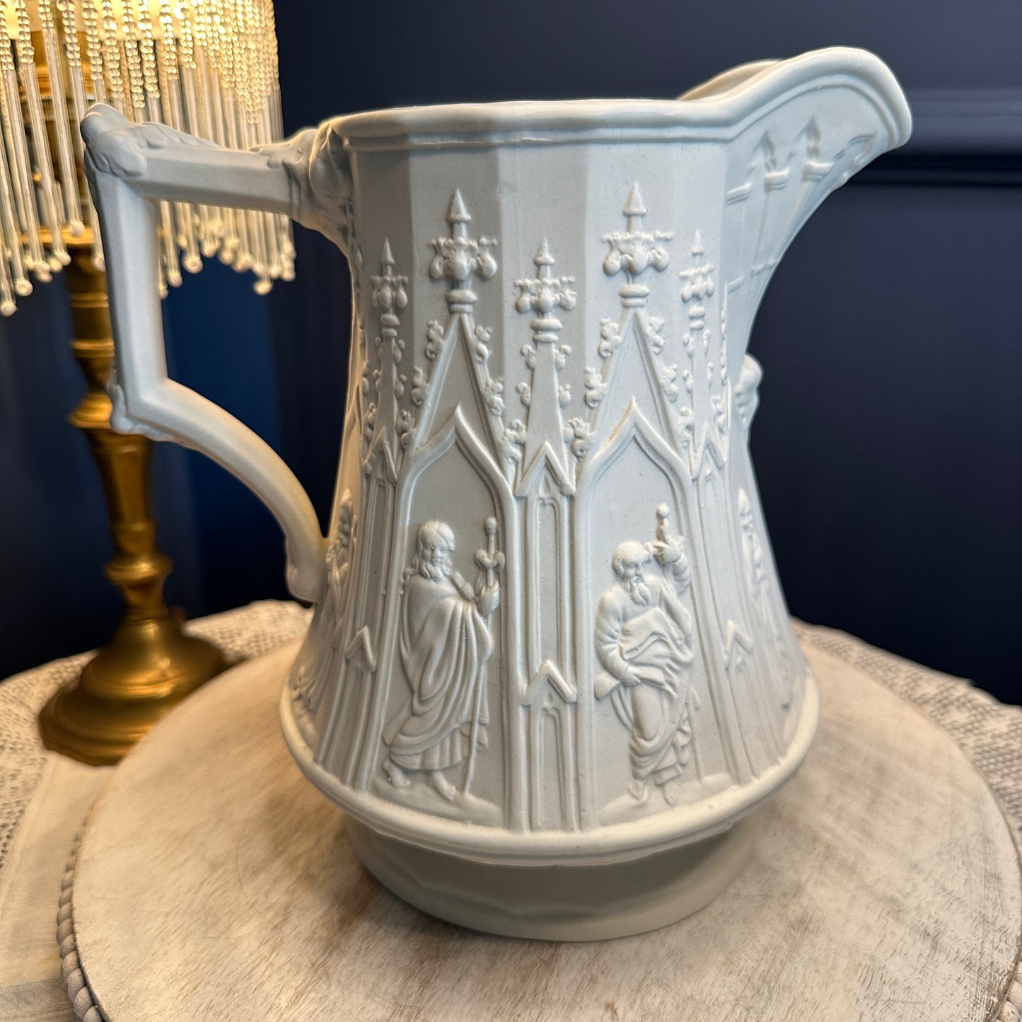 Vintage Portmeirion “Totem” Gothic Relief Jug – Large White Stoneware Pitcher, Made in England