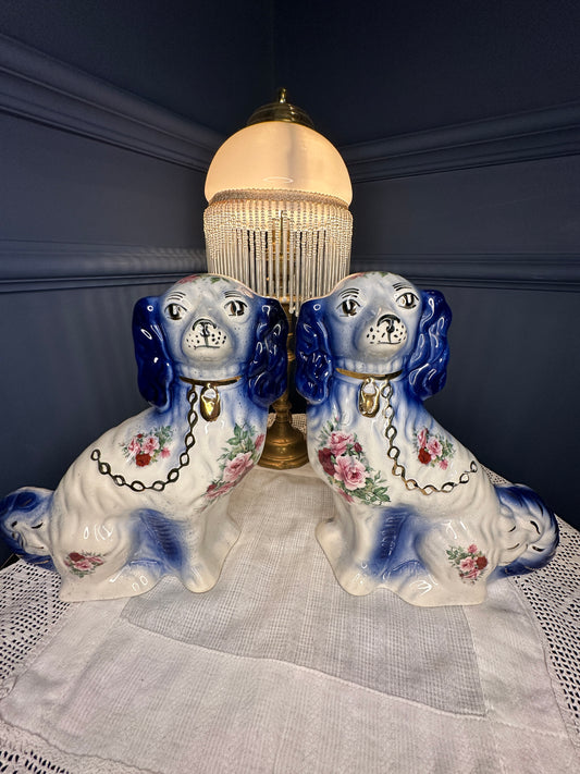 Vintage Staffordshire Style Porcelain Spaniel Dog Figurines – Pair – Hand-Painted Floral Blue & White – Victorian Style Mantel Dogs
