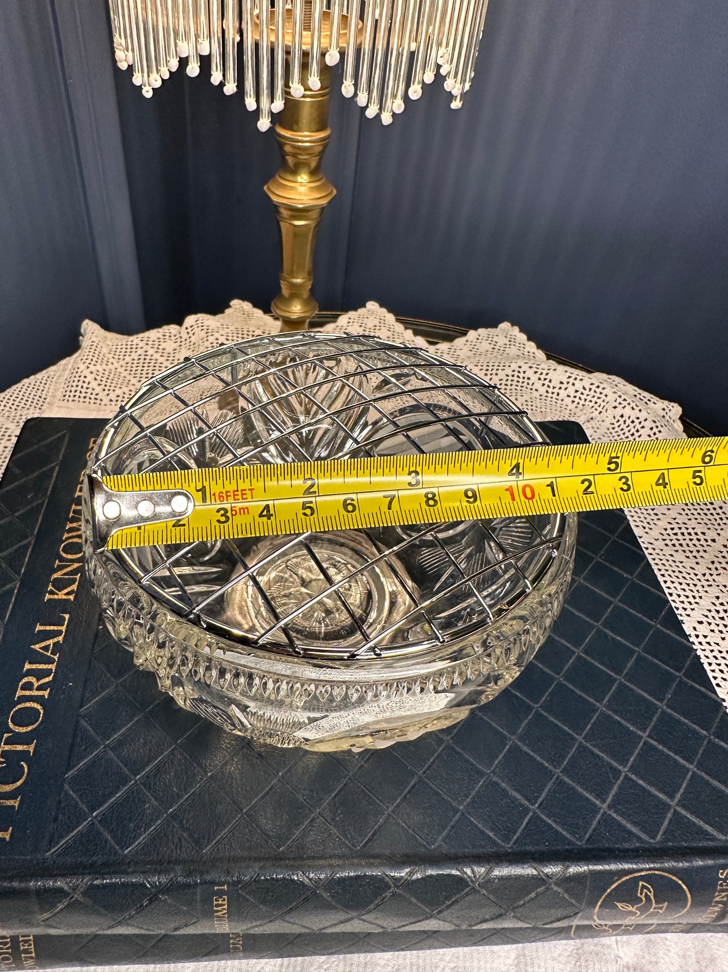 Vintage Cut Glass Rose Bowl with Metal Lattice Lid | Footed Crystal Flower Bowl