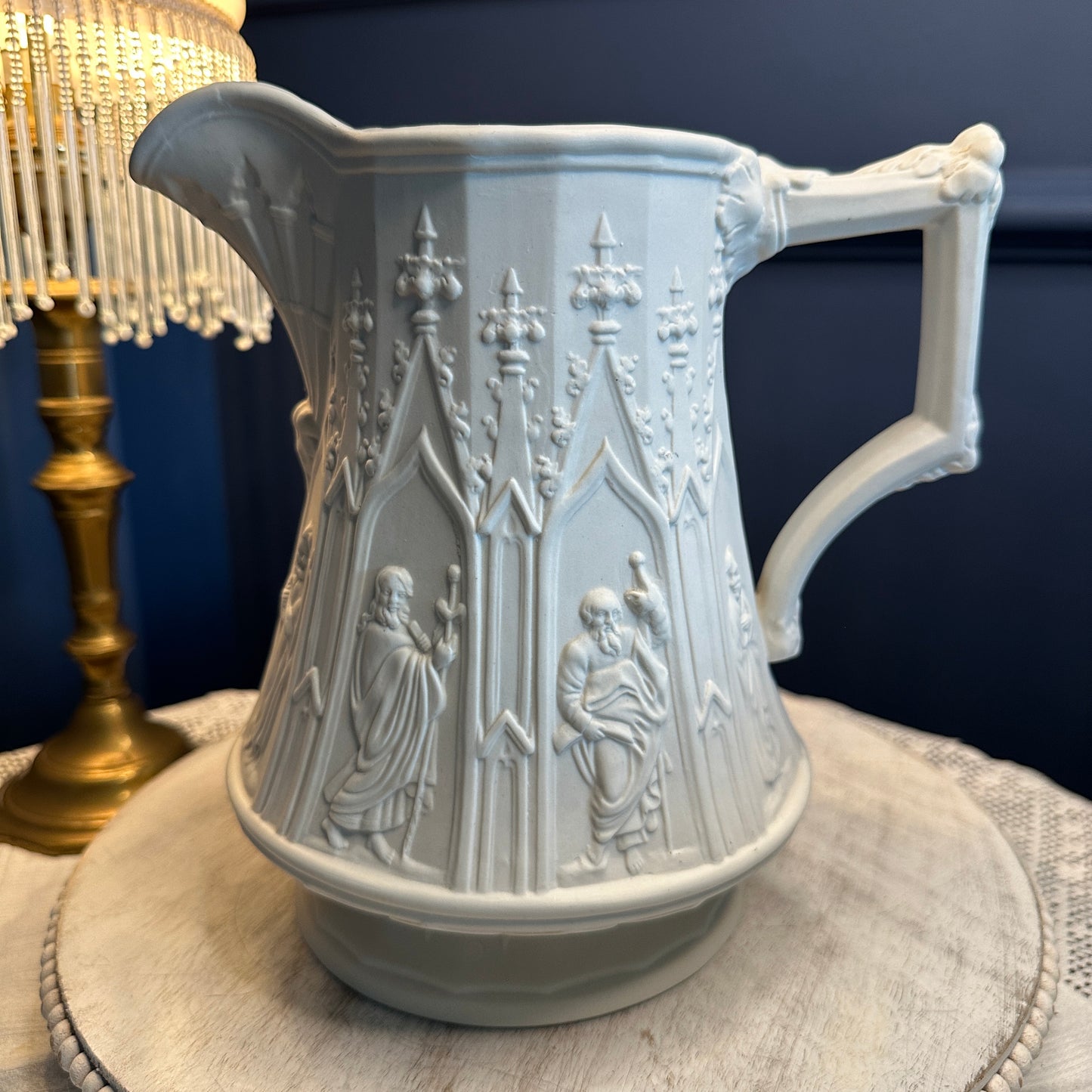 Vintage Portmeirion “Totem” Gothic Relief Jug – Large White Stoneware Pitcher, Made in England