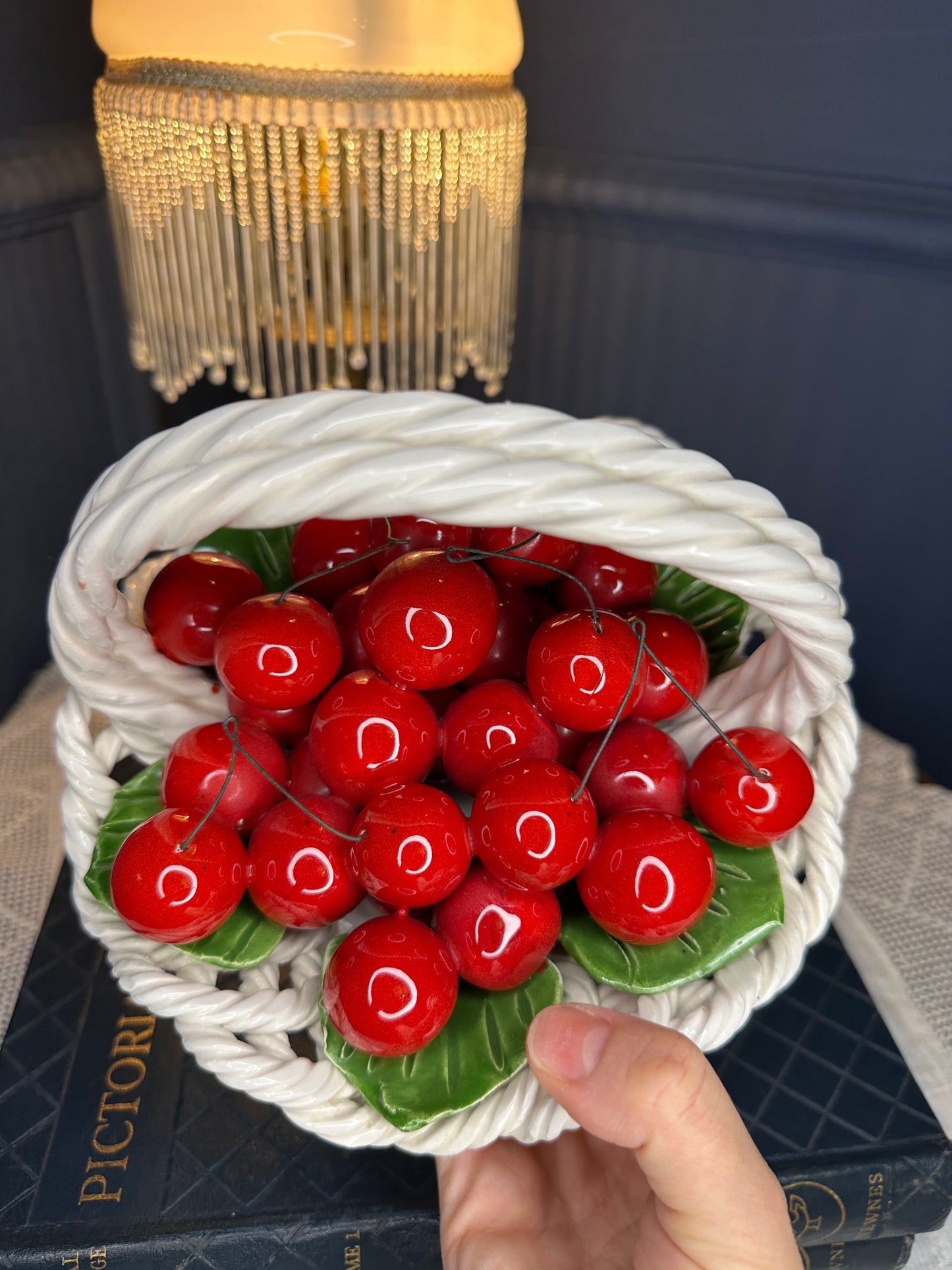 Vintage Italian Ceramic Cherry Basket – Handcrafted Majolica Fruit Centerpiece – Made in Italy