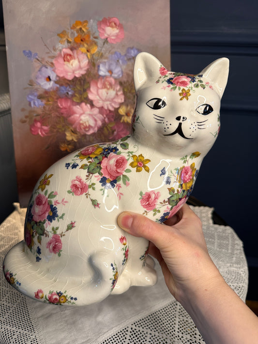 Vintage Staffordshire Floral Ceramic Cat Figurine Alpha Omega | England | Large Decorative Collectible