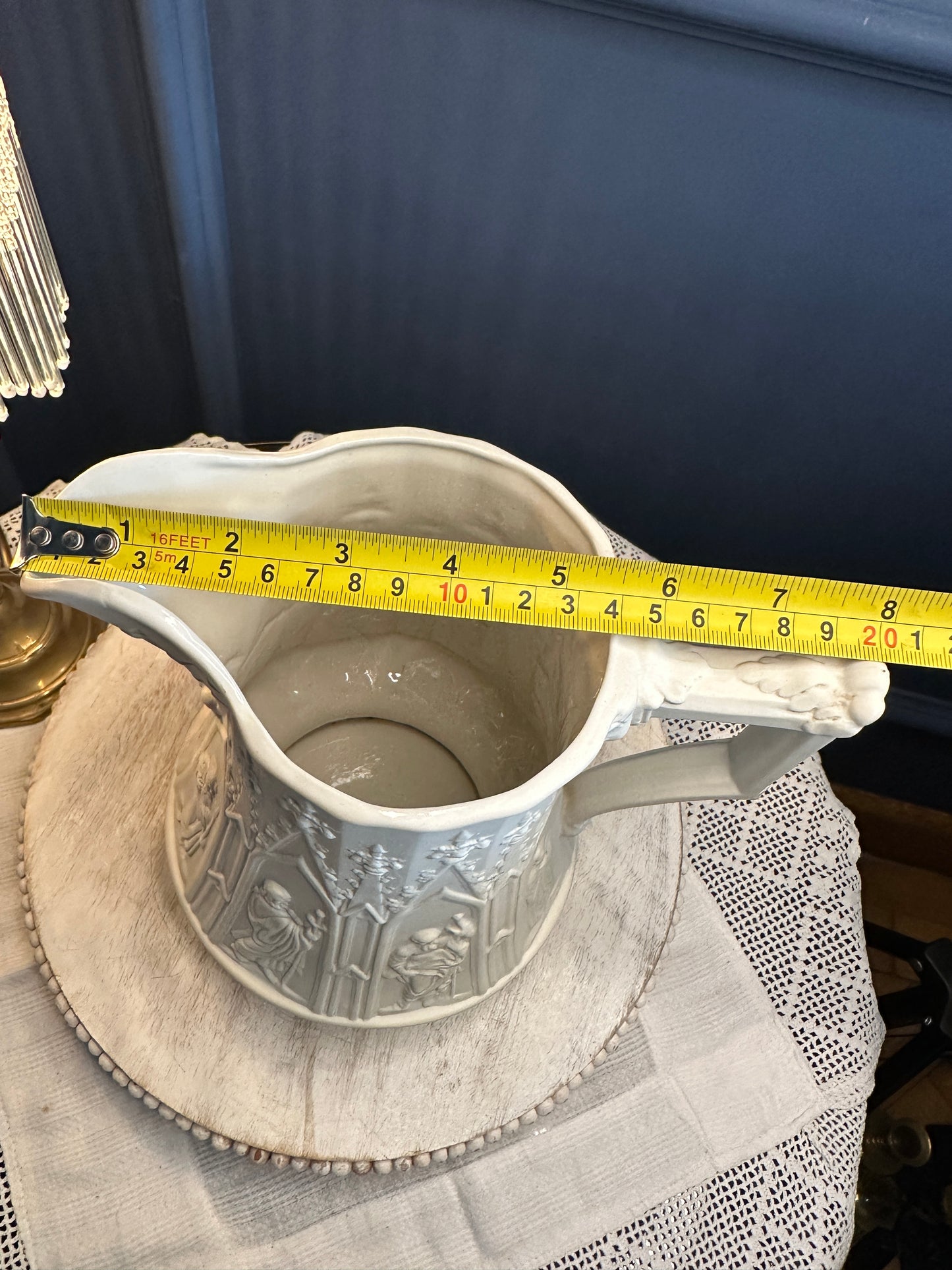 Vintage Portmeirion “Totem” Gothic Relief Jug – Large White Stoneware Pitcher, Made in England