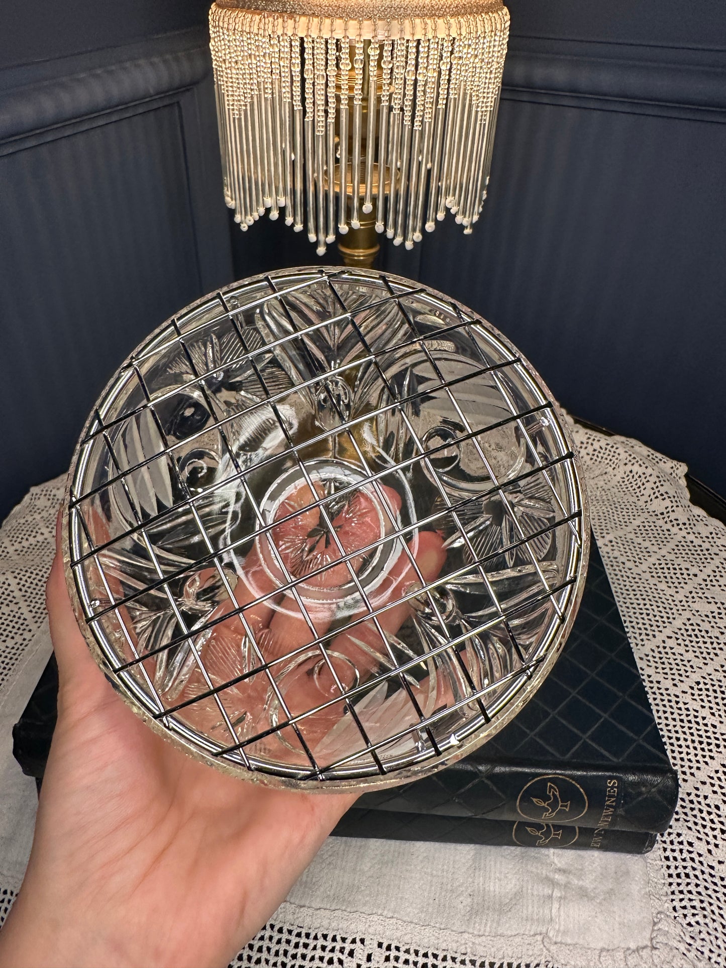Vintage Cut Glass Rose Bowl with Metal Lattice Lid | Footed Crystal Flower Bowl