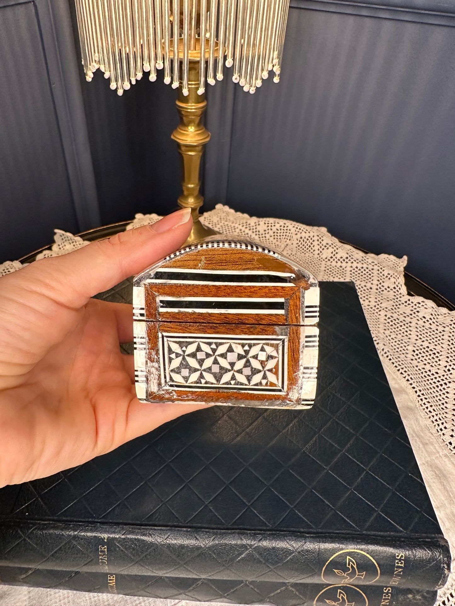 Handmade Inlaid Wooden Jewelry Box with Bone & Mother-of-Pearl | Velvet Lined Trinket Chest | Artisan Keepsake Box