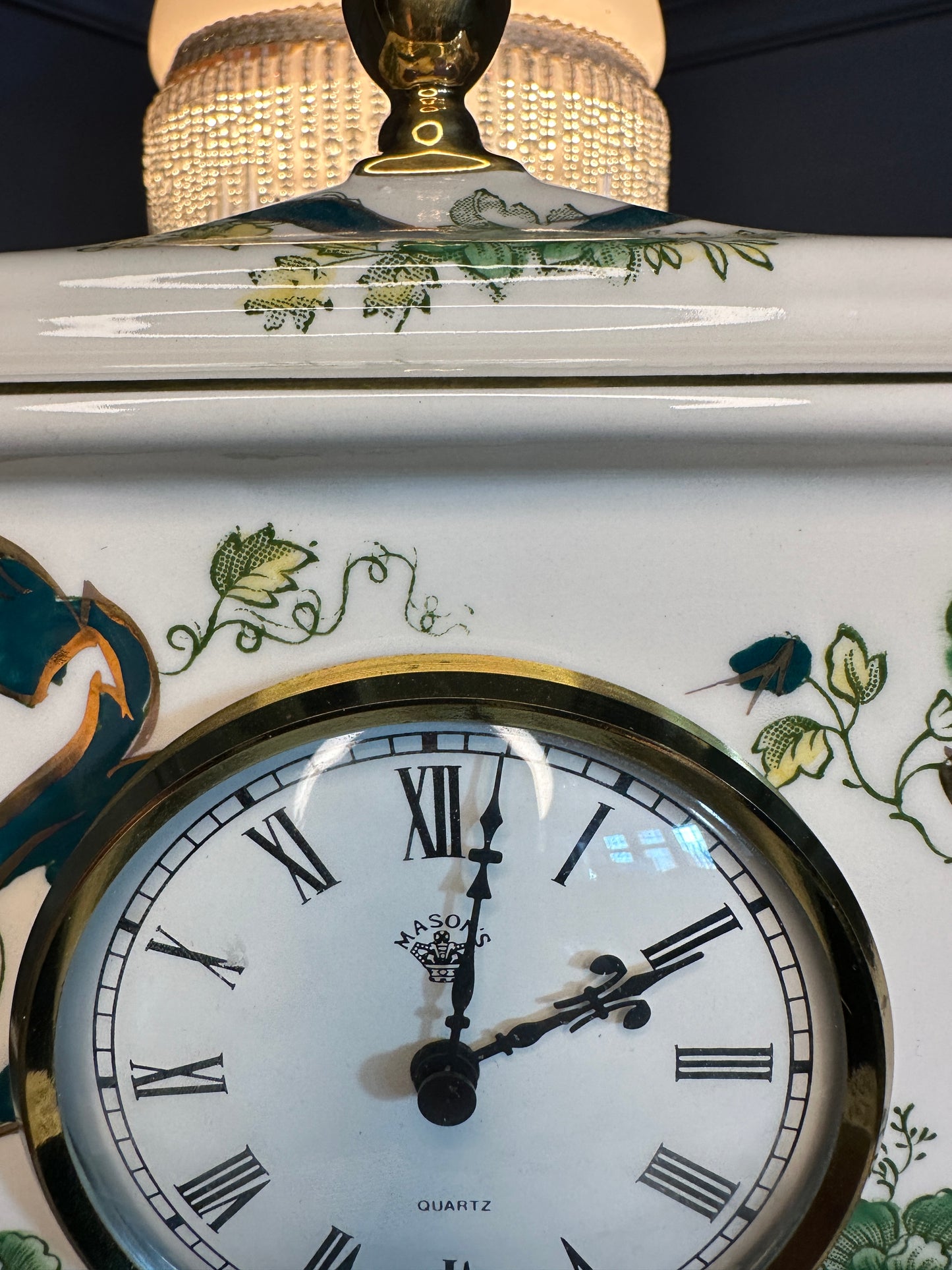 Vintage Mason’s Chartreuse Mantel Clock – Ironstone Ceramic Quartz Clock – Made in England – Green Floral Chinoiserie Design