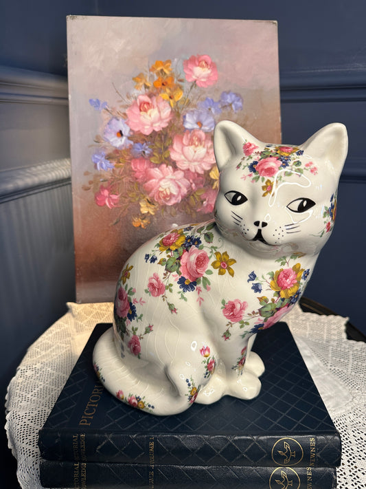 Vintage Staffordshire Floral Ceramic Cat Figurine Alpha Omega | England | Large Decorative Collectible