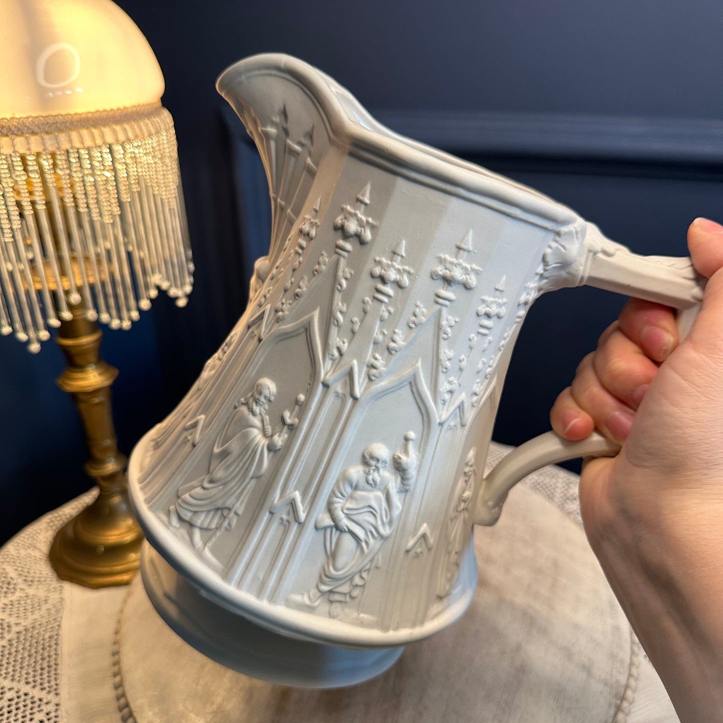 Vintage Portmeirion “Totem” Gothic Relief Jug – Large White Stoneware Pitcher, Made in England